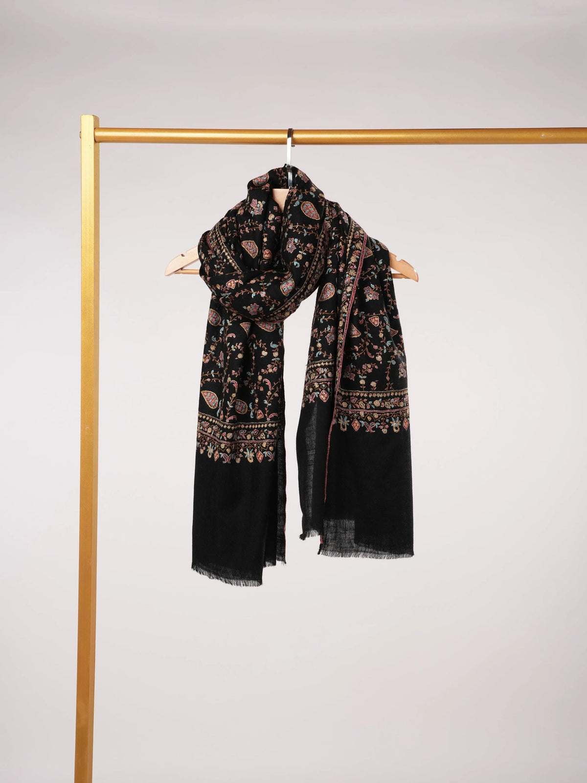 Kashmiri Handwoven Black Pashmina Shawl with Jali Hand Sozni Embroidery Shahkaar.com
