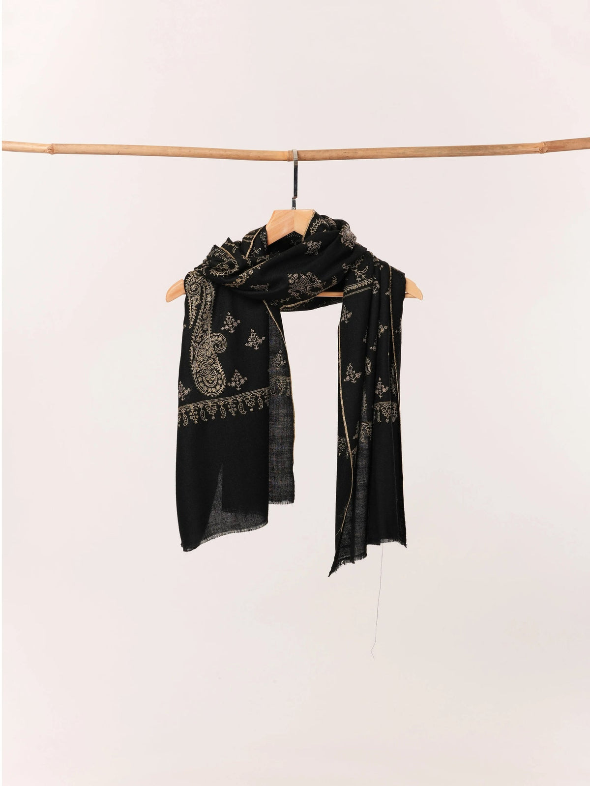 Handwoven Black Cashmere Scarf with Jali Sozni from Kashmir Shahkaar.com