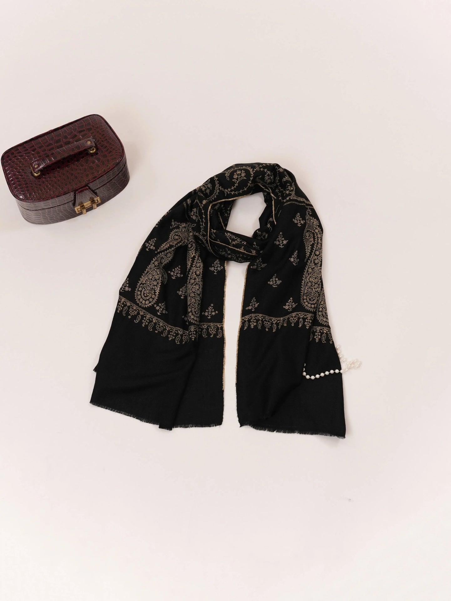 Handwoven Black Cashmere Scarf with Jali Sozni from Kashmir Shahkaar.com