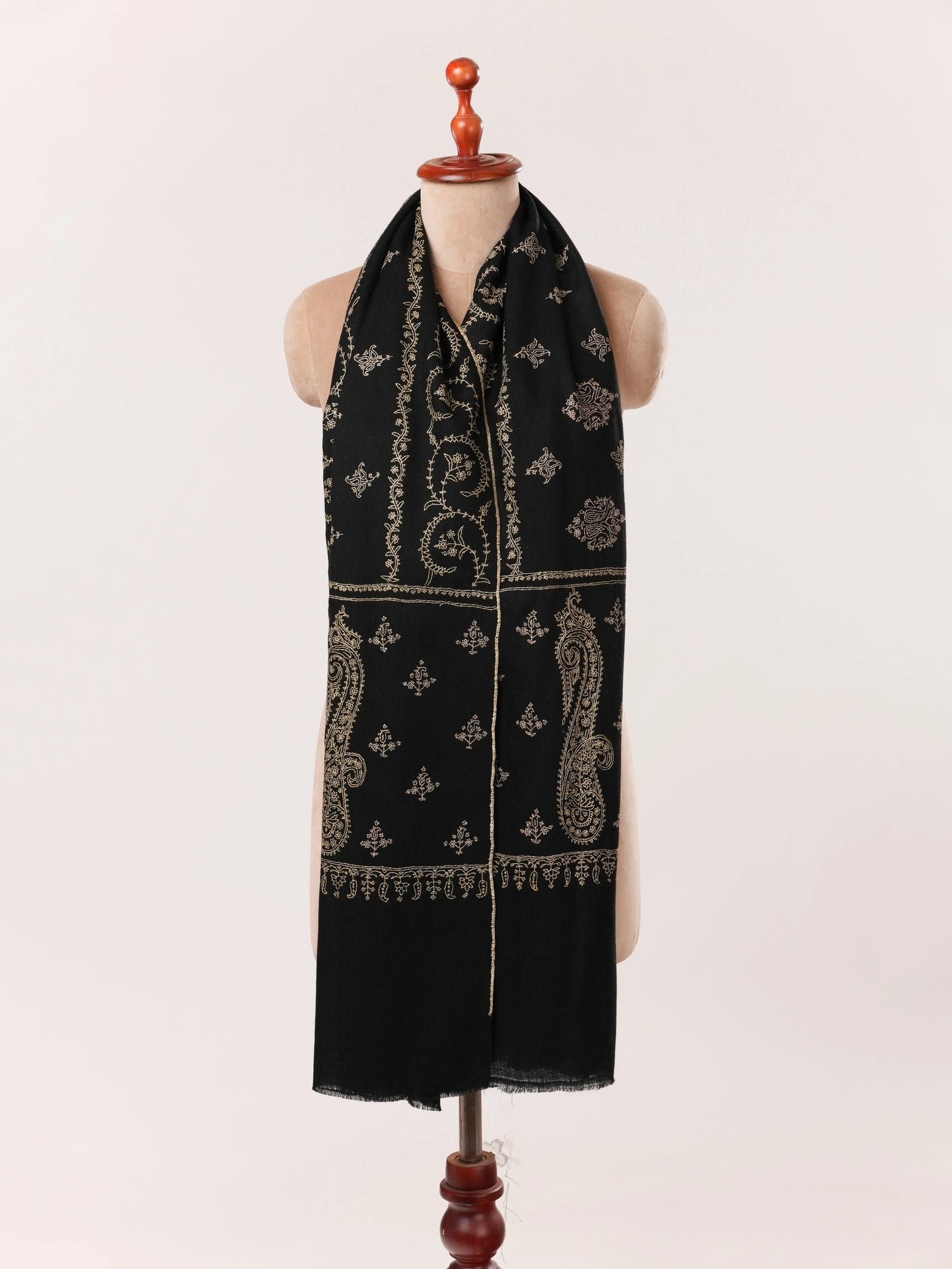 Handwoven Black Cashmere Scarf with Jali Sozni from Kashmir Shahkaar.com