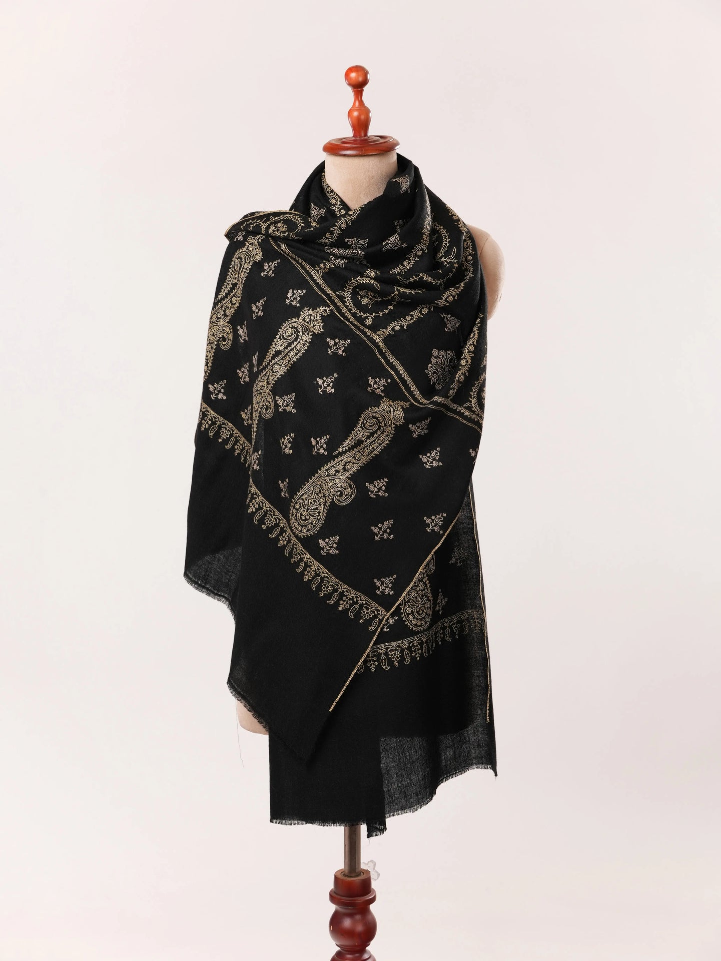 Handwoven Black Cashmere Scarf with Jali Sozni from Kashmir Shahkaar.com