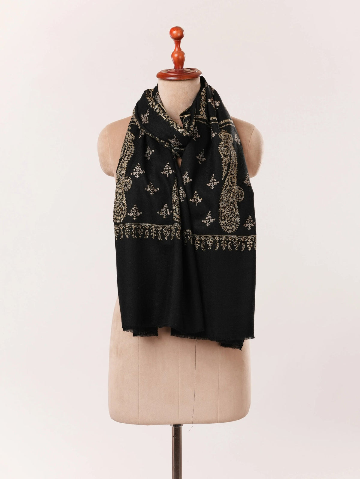Handwoven Black Cashmere Scarf with Jali Sozni from Kashmir Shahkaar.com