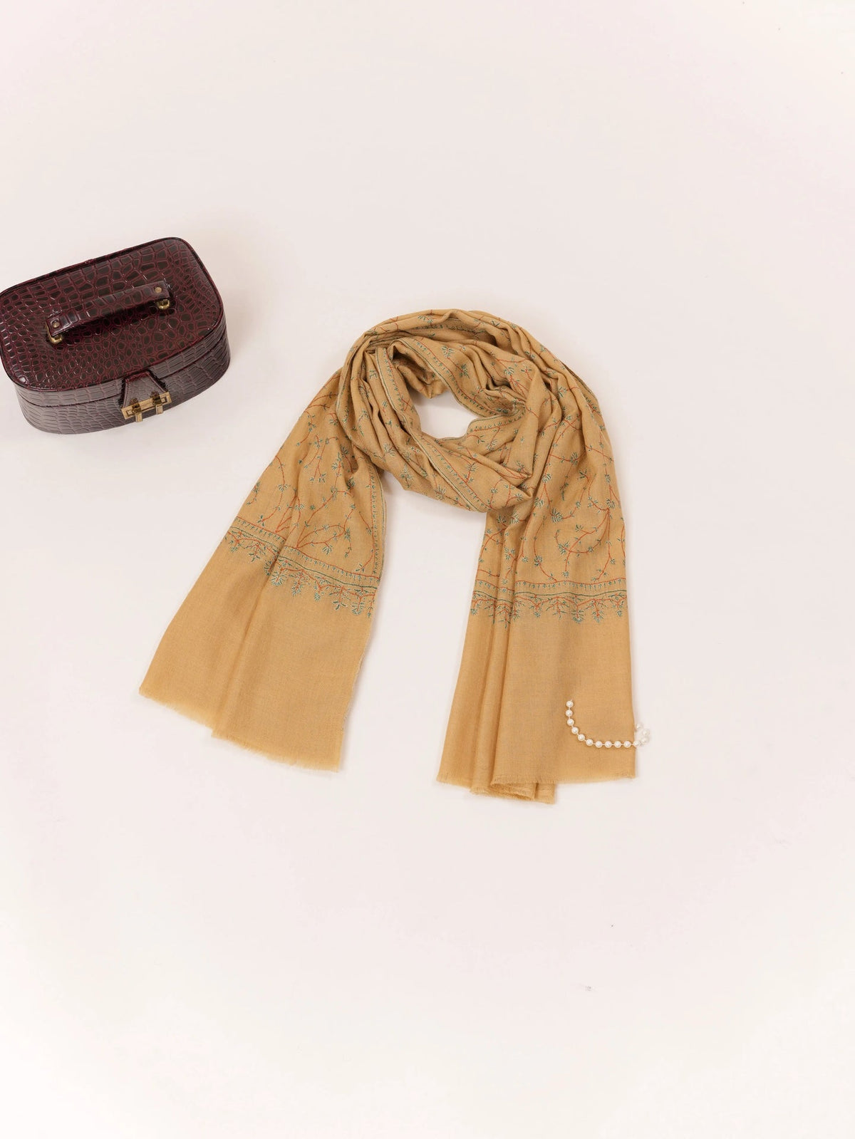 Kashmiri Tan Cashmere Scarf with Hand Sozni Jali Embroidery Shahkaar.com
