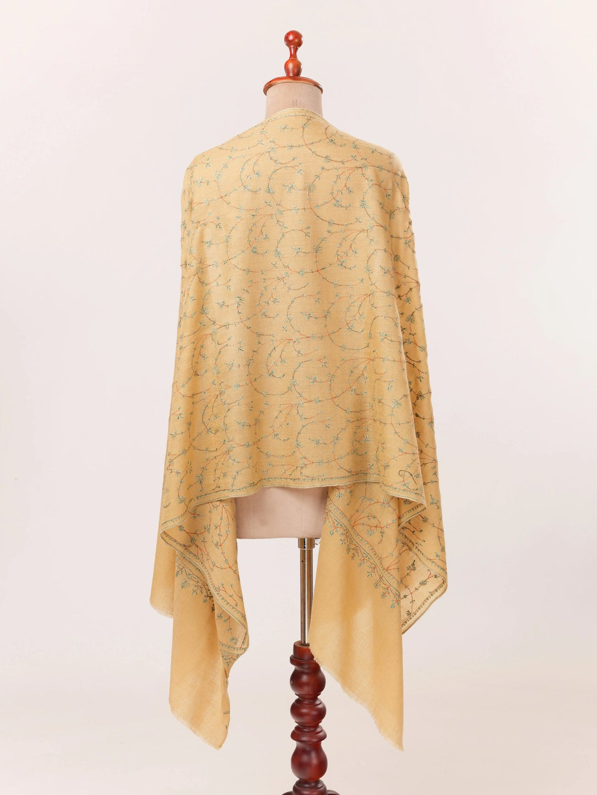 Kashmiri Tan Cashmere Scarf with Hand Sozni Jali Embroidery Shahkaar.com