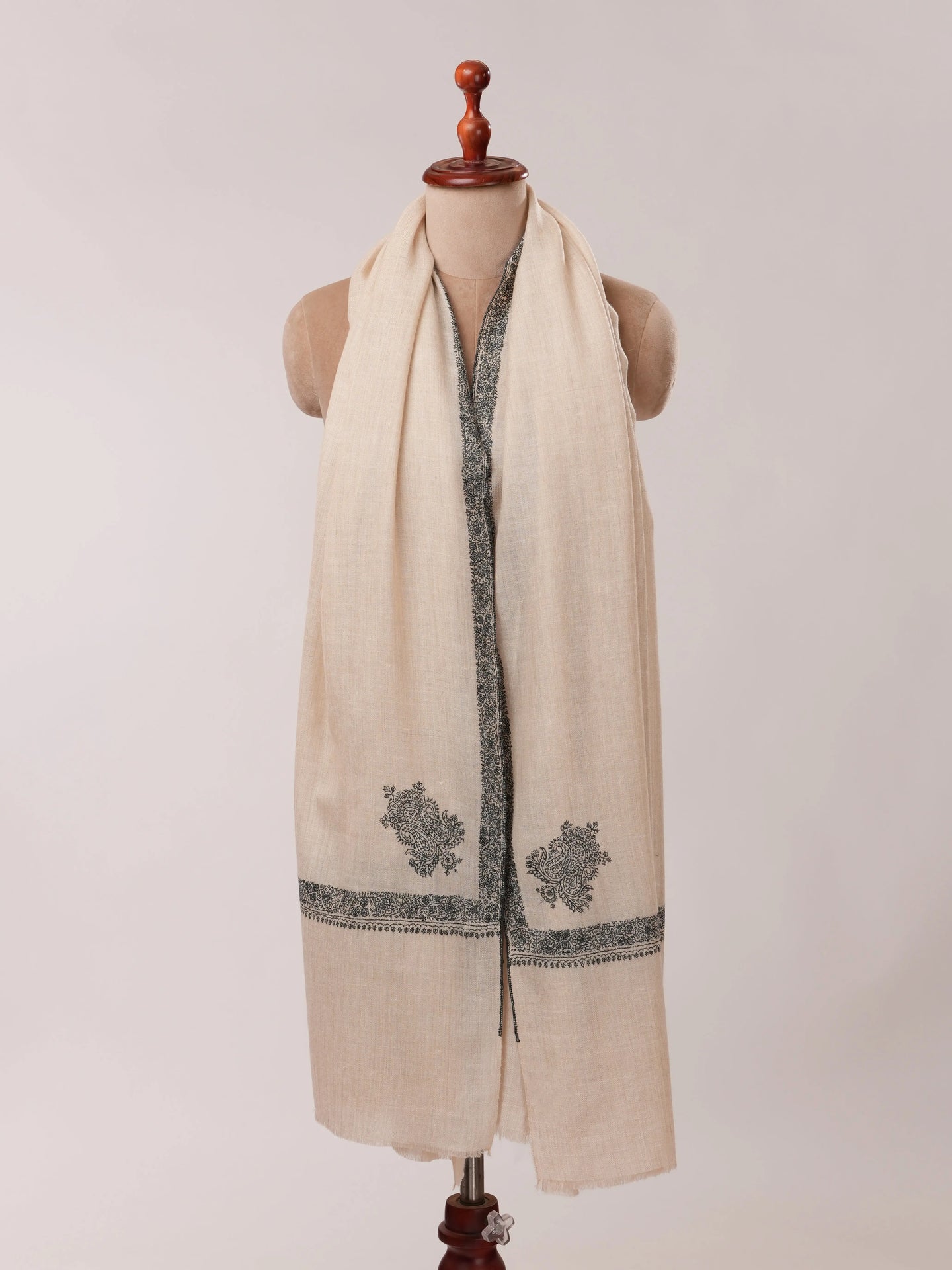 Off White Pashmina Shawl with Black Hashia Hand Embroidery Shahkaar.com