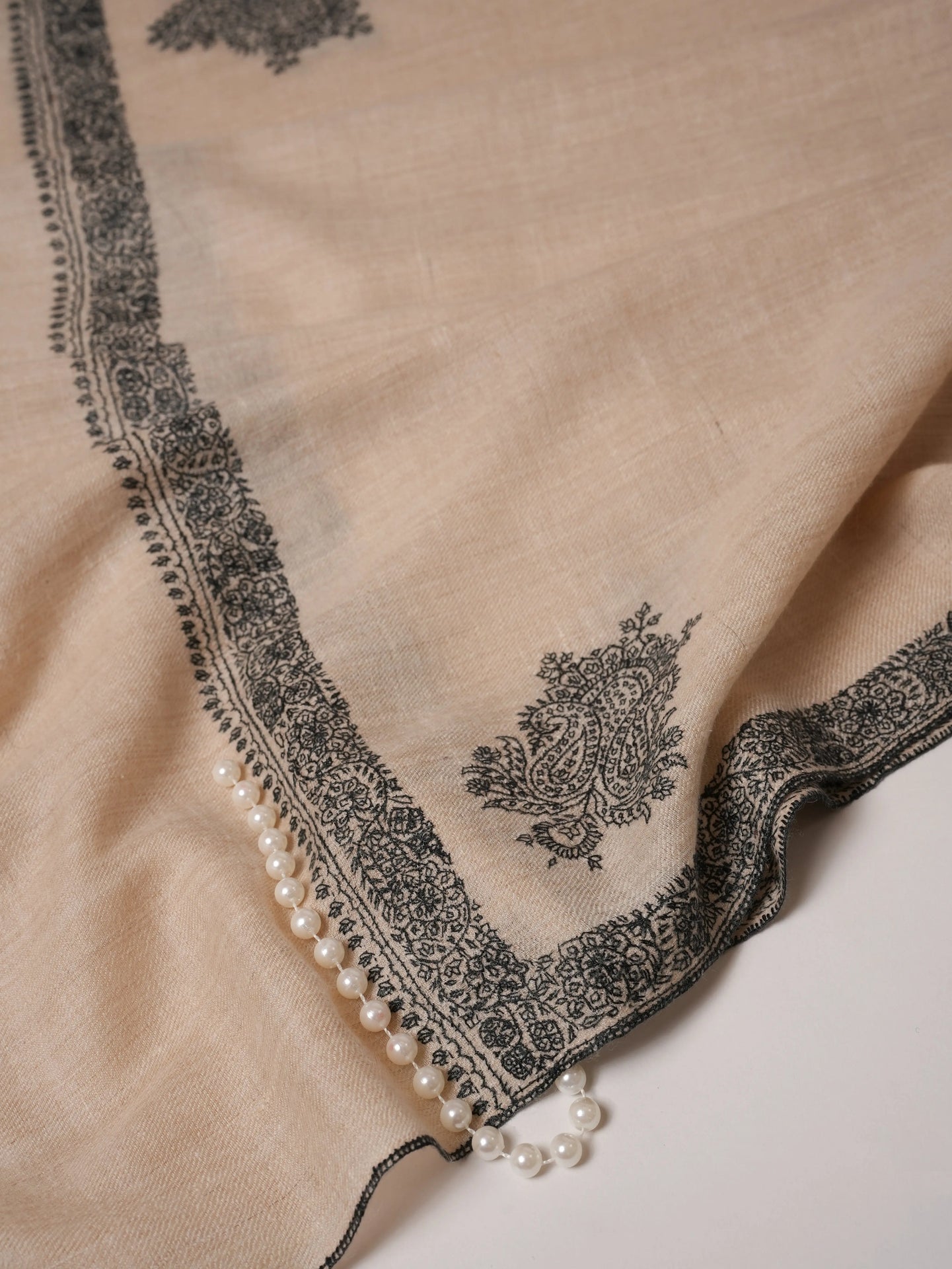 Off White Pashmina Shawl with Black Hashia Hand Embroidery Shahkaar.com