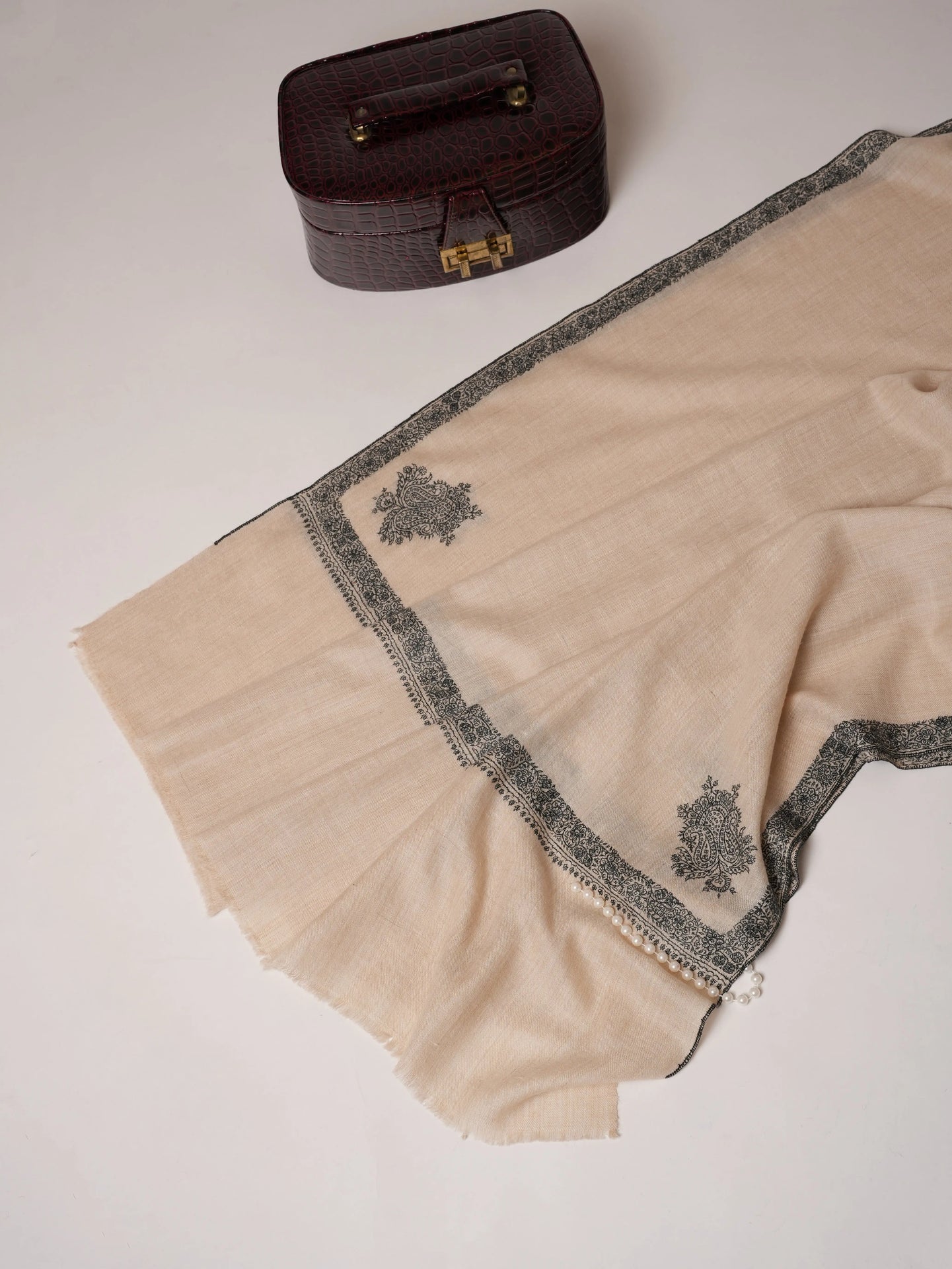 Off White Pashmina Shawl with Black Hashia Hand Embroidery Shahkaar.com