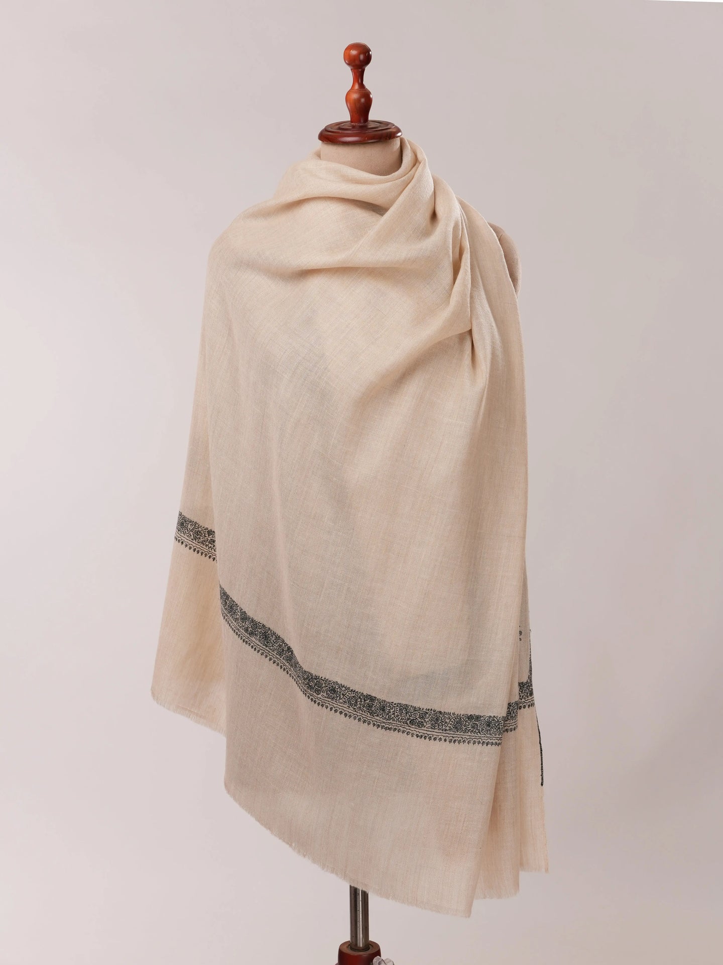 Off White Pashmina Shawl with Black Hashia Hand Embroidery Shahkaar.com