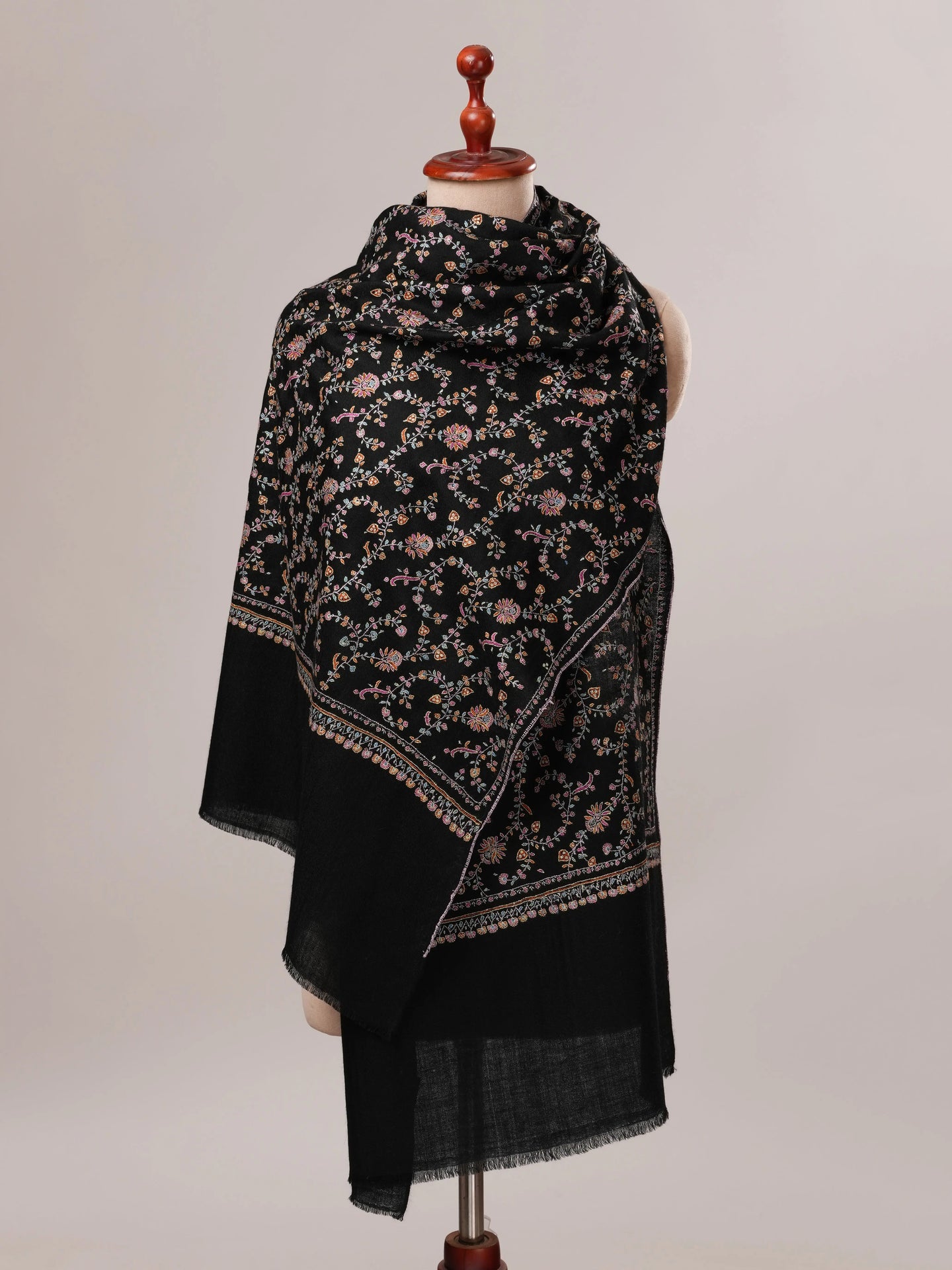 Black Soft Cashmere Scarf with All Over Jali Hand Embroidery Shahkaar.com