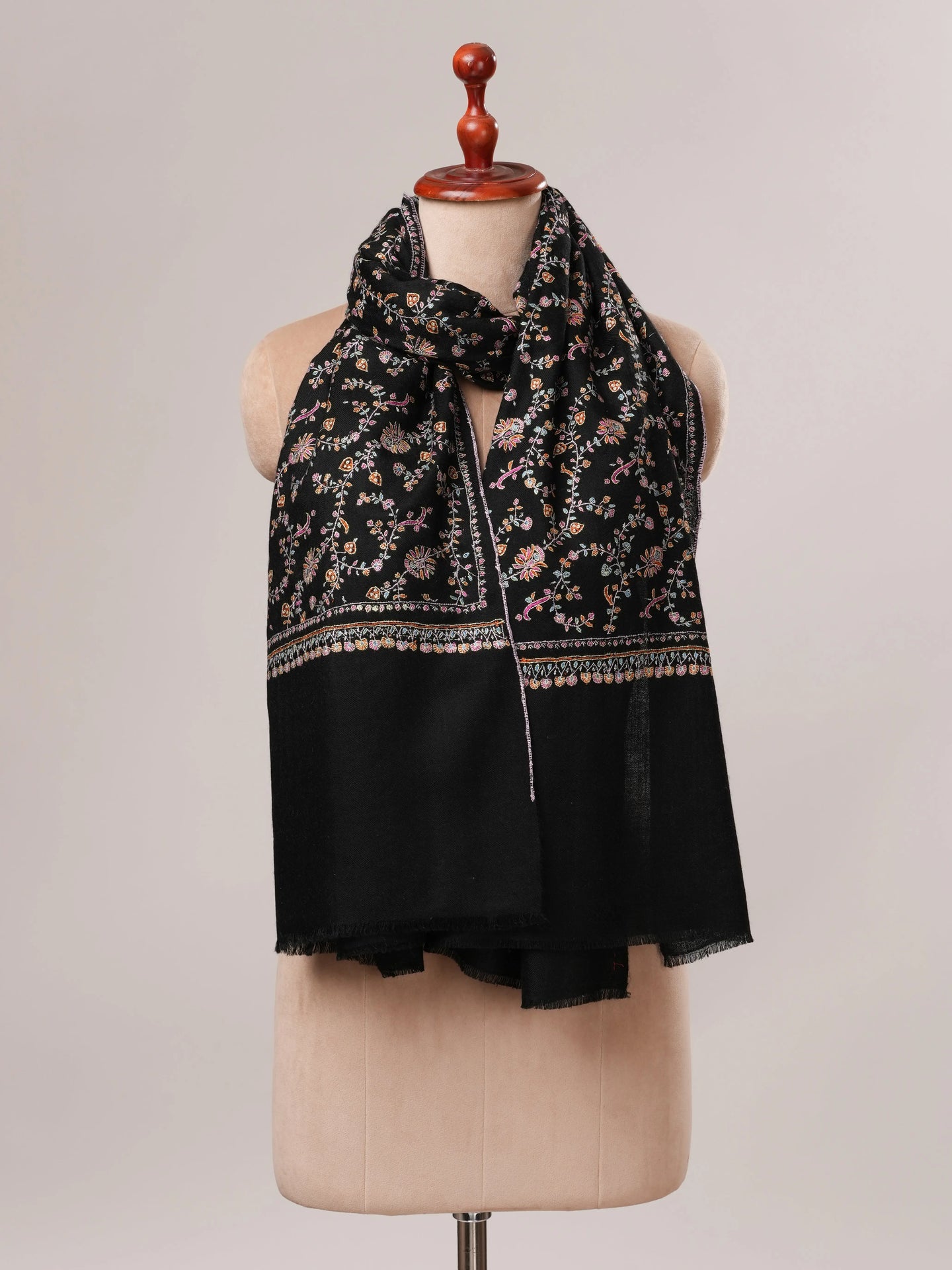 Black Soft Cashmere Scarf with All Over Jali Hand Embroidery Shahkaar.com