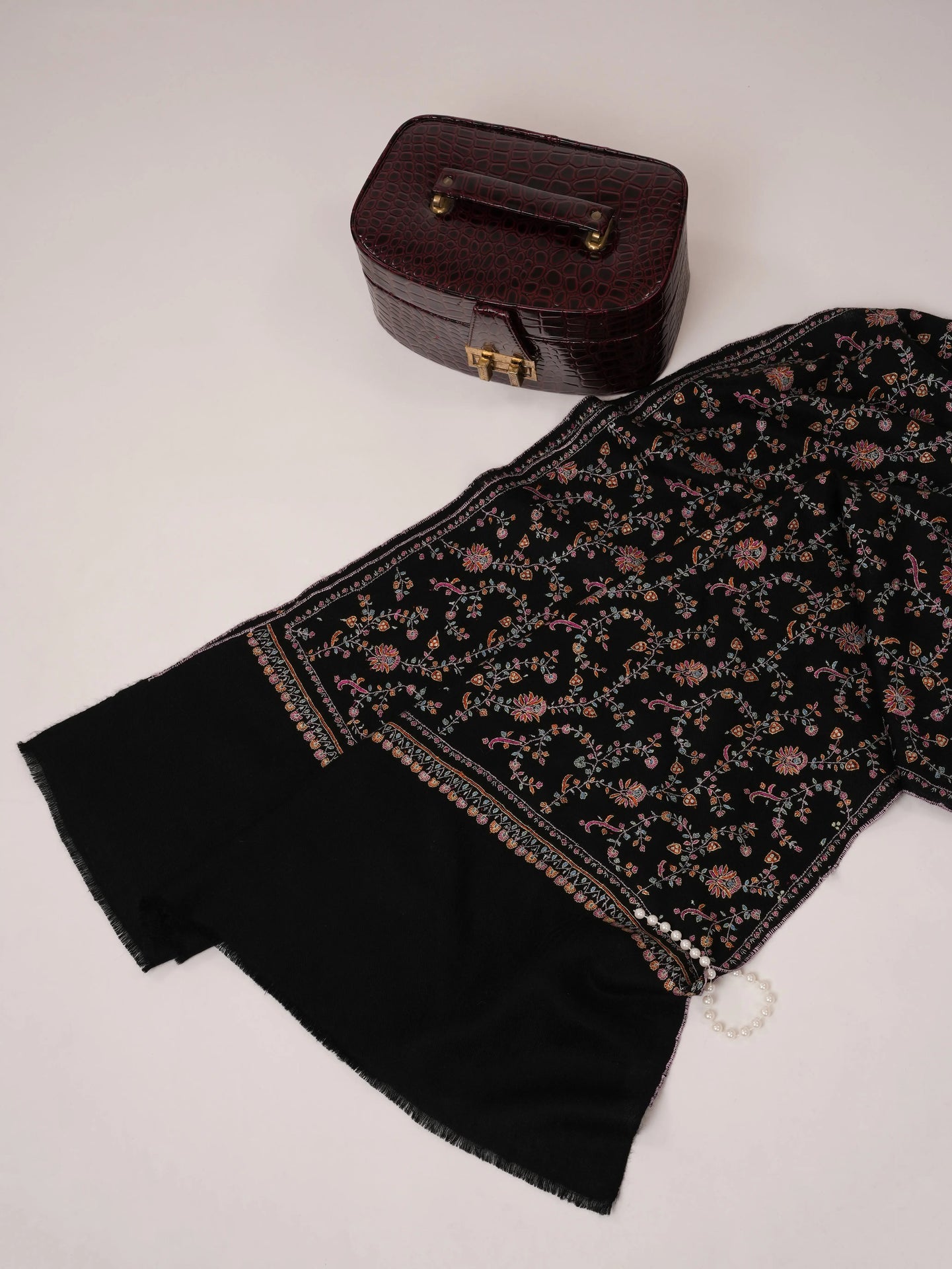 Black Soft Cashmere Scarf with All Over Jali Hand Embroidery Shahkaar.com