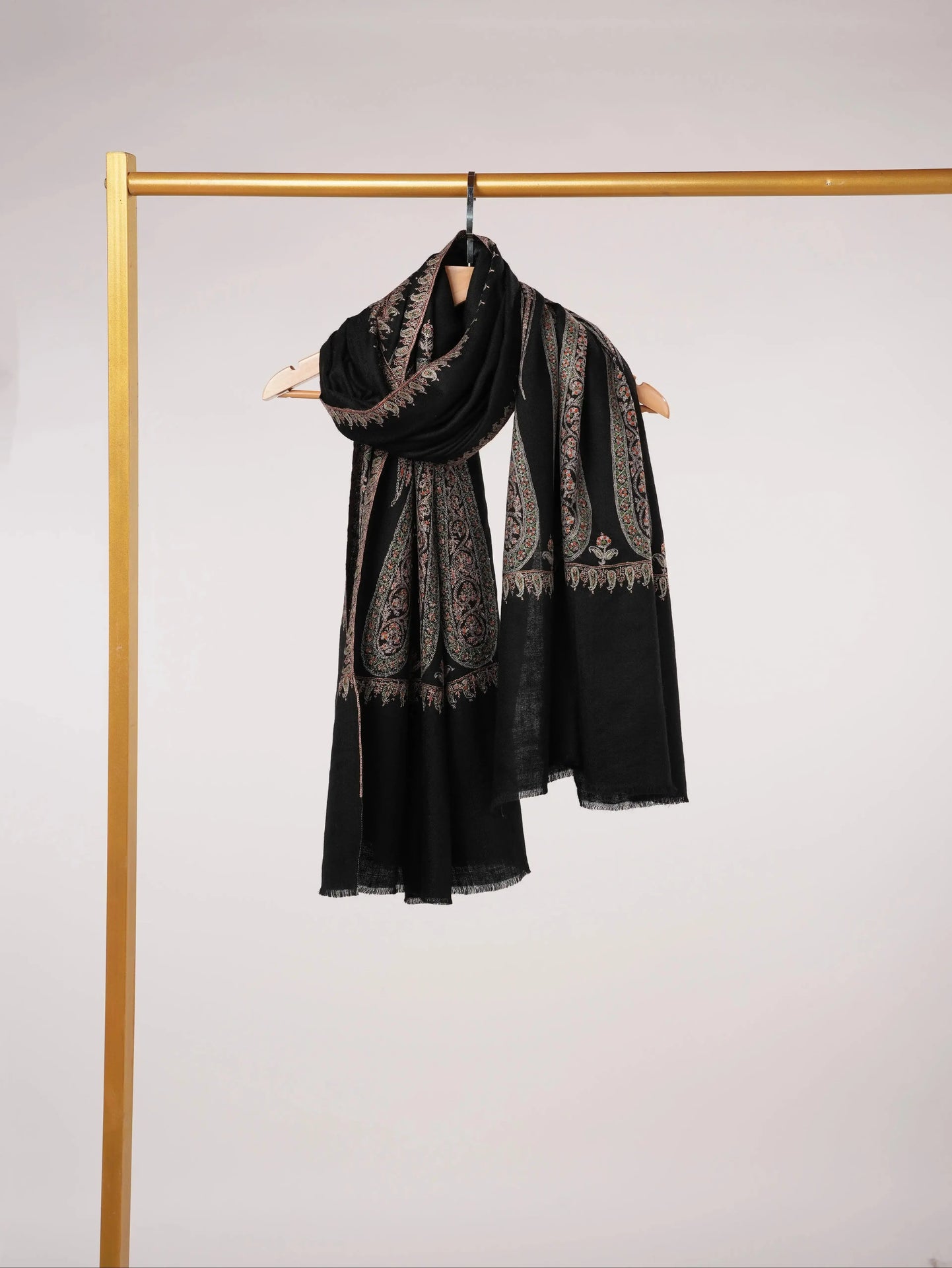 Paisley Palldar Handwoven Black Pashmina Shawl with Hand Sozni Embroidery Shahkaar.com