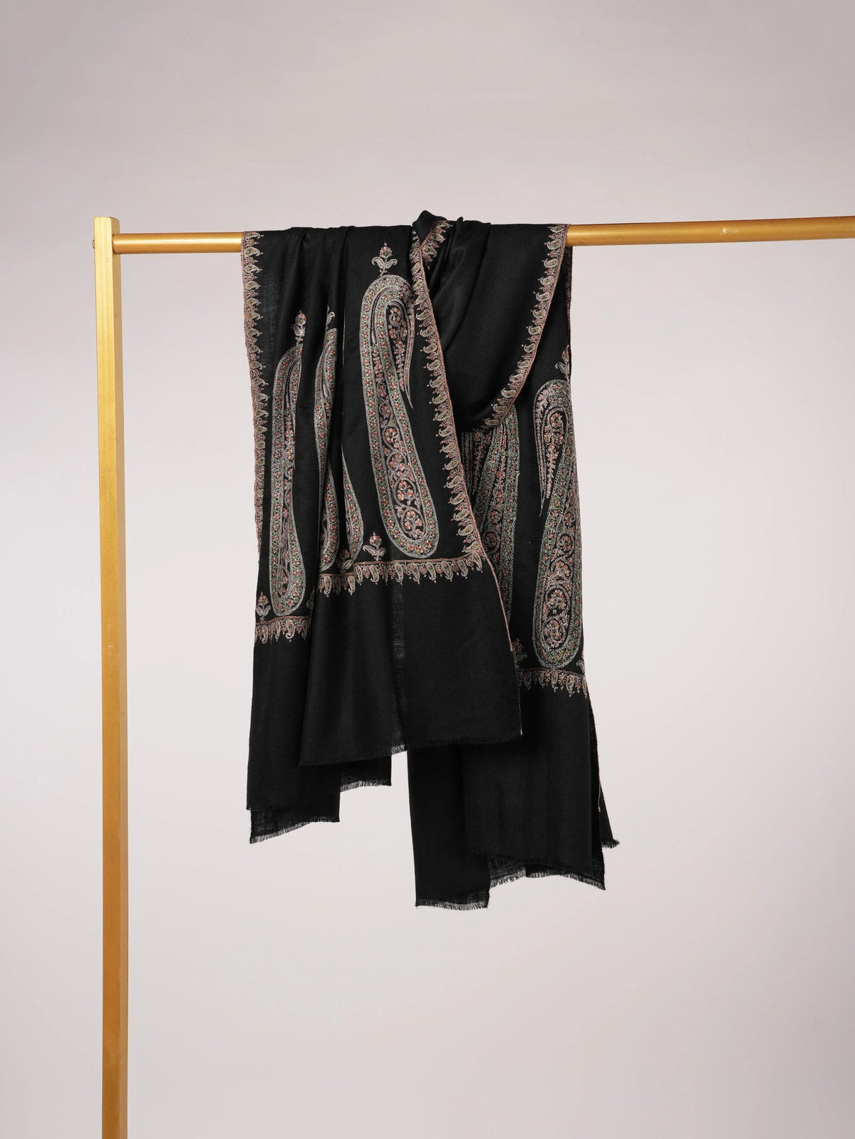 Paisley Palldar Handwoven Black Pashmina Shawl with Hand Sozni Embroidery Shahkaar.com