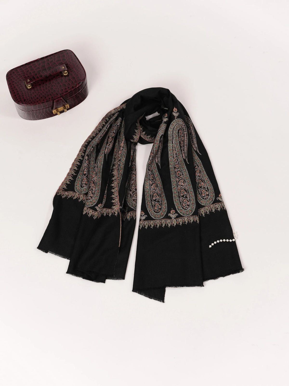 Paisley Palldar Handwoven Black Pashmina Shawl with Hand Sozni Embroidery Shahkaar.com