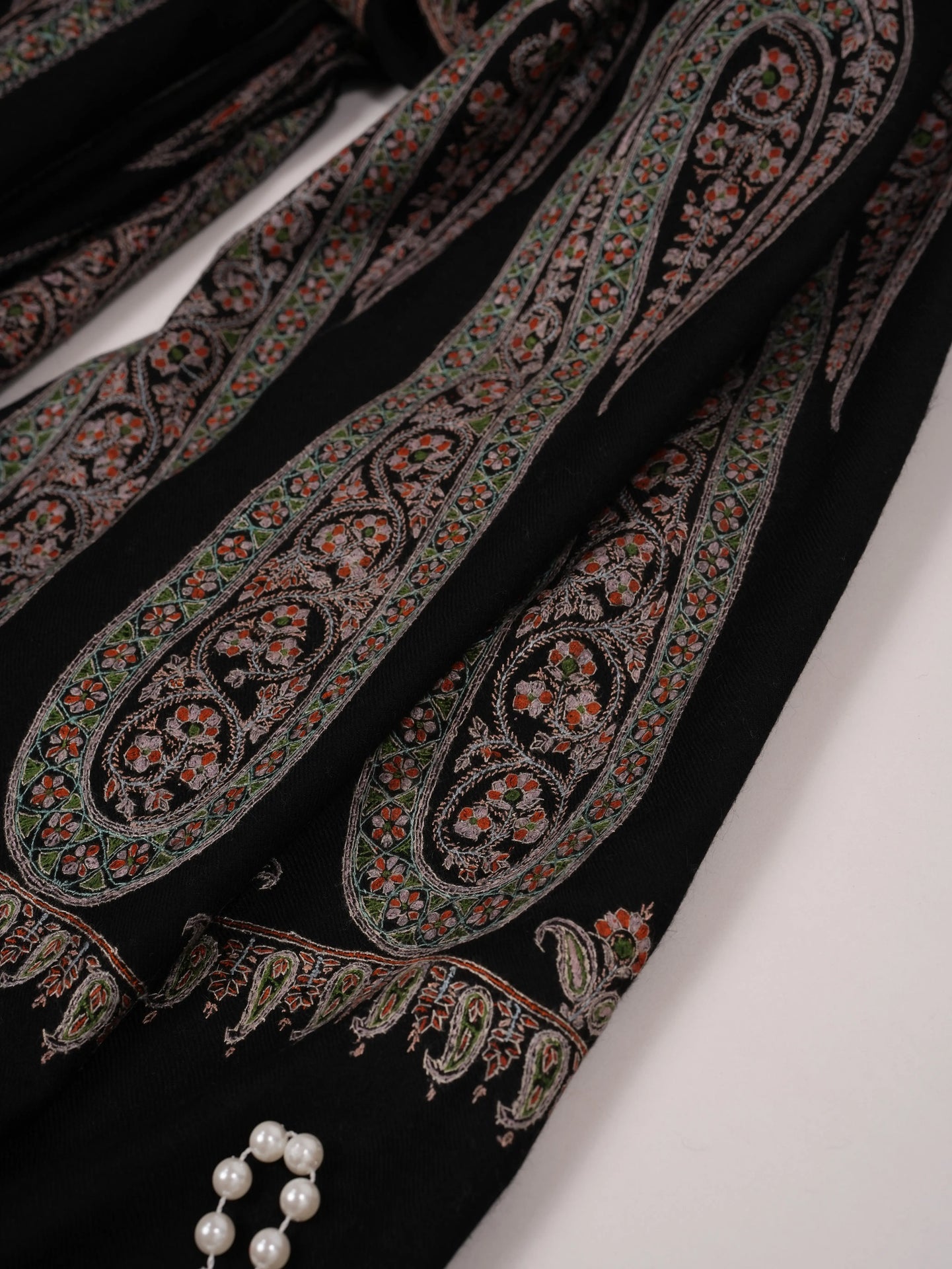 Paisley Palldar Handwoven Black Pashmina Shawl with Hand Sozni Embroidery Shahkaar.com