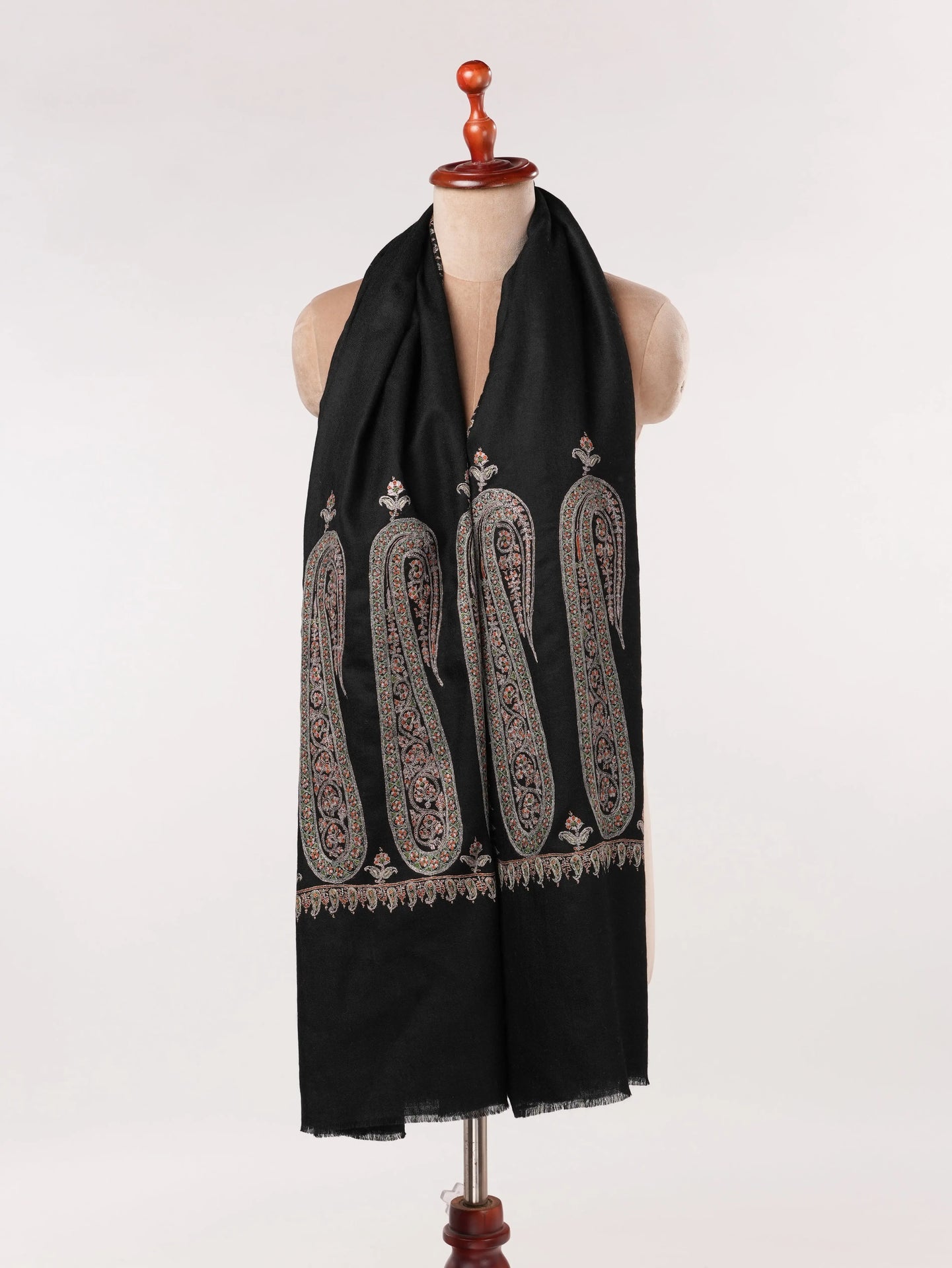 Paisley Palldar Handwoven Black Pashmina Shawl with Hand Sozni Embroidery Shahkaar.com