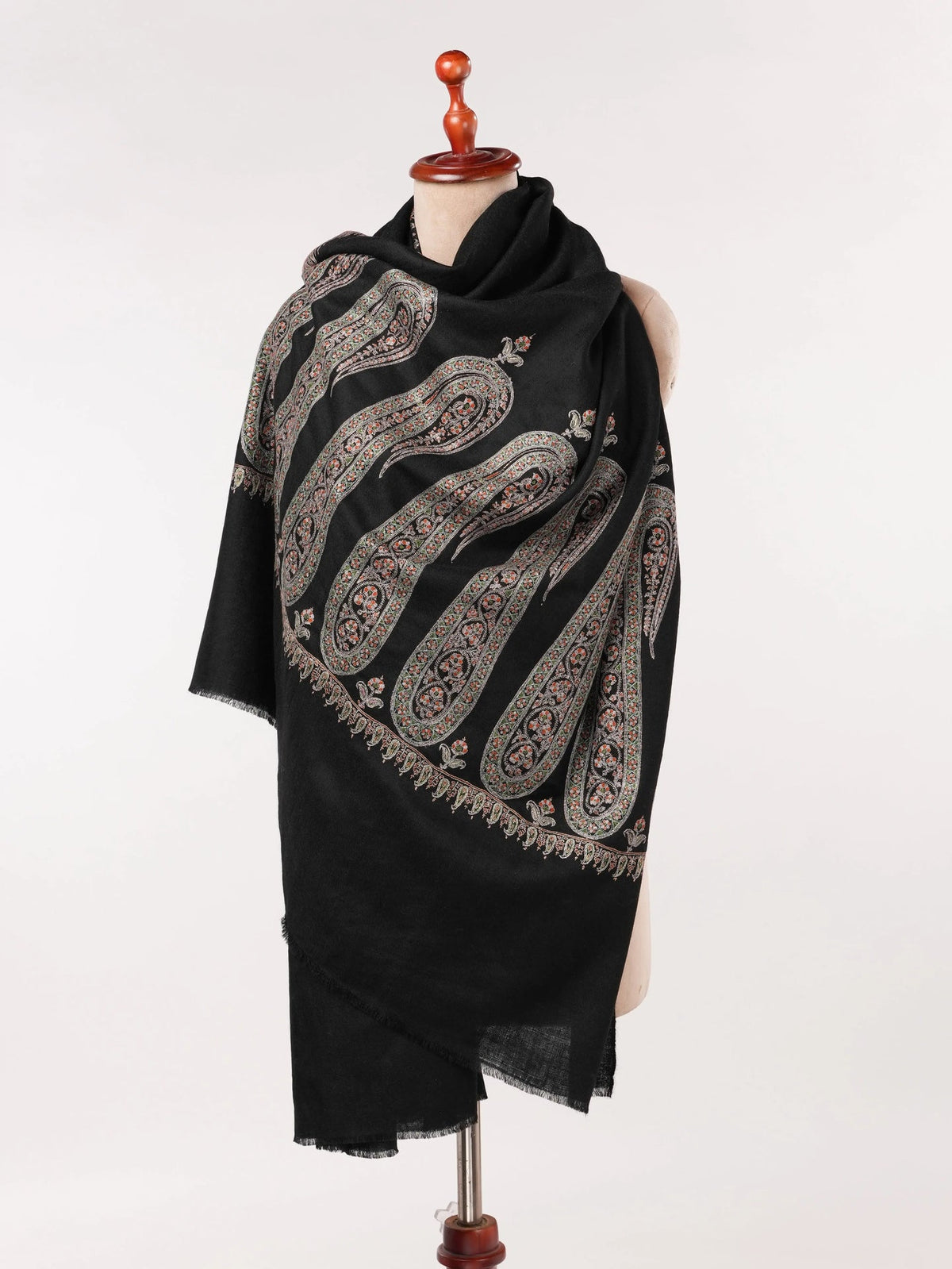 Paisley Palldar Handwoven Black Pashmina Shawl with Hand Sozni Embroidery Shahkaar.com