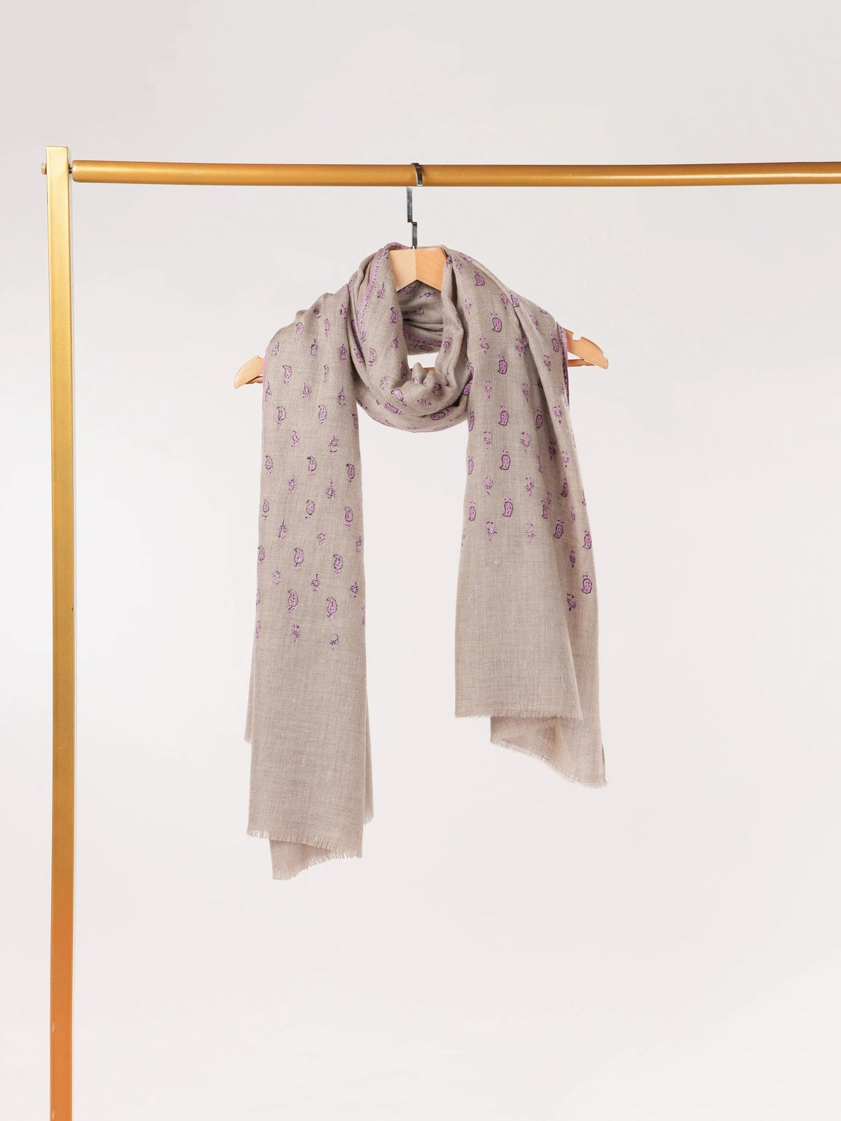 Natural Beige Pashmina Shawl with Small Paisley Hand Embroidery