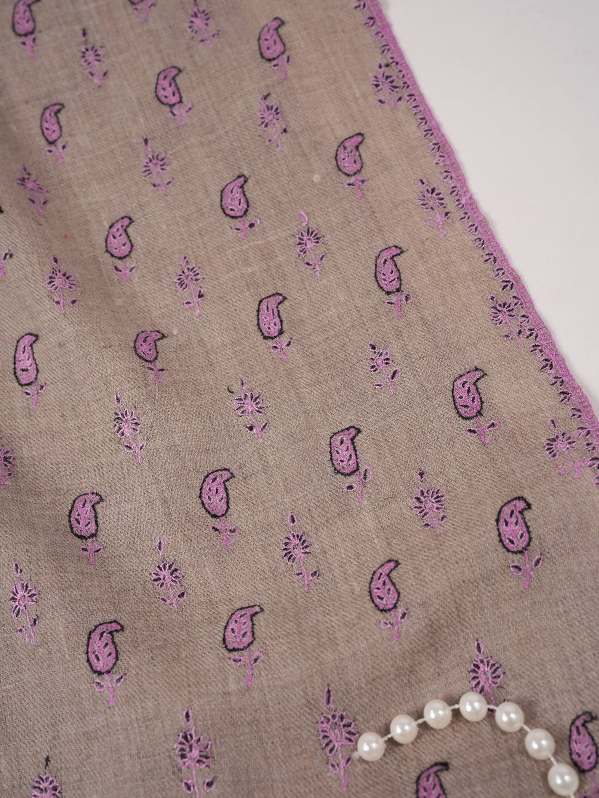Natural Beige Pashmina Shawl with Small Paisley Hand Embroidery