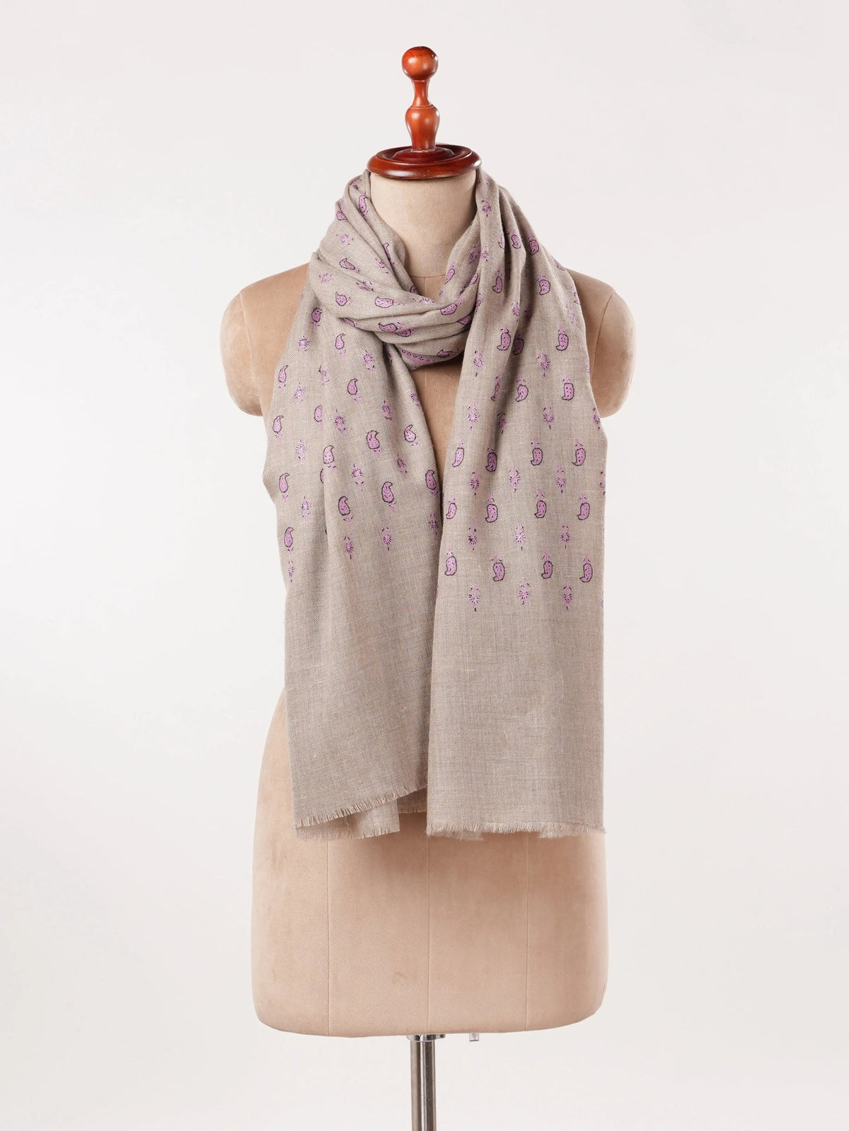 Natural Beige Pashmina Shawl with Small Paisley Hand Embroidery