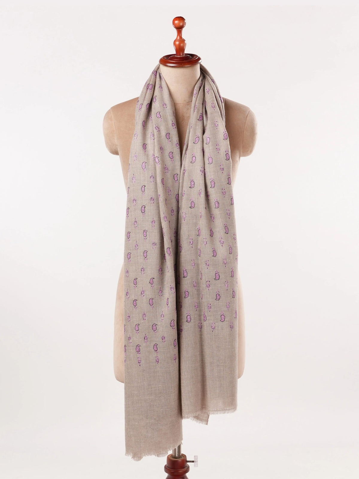 Natural Beige Pashmina Shawl with Small Paisley Hand Embroidery