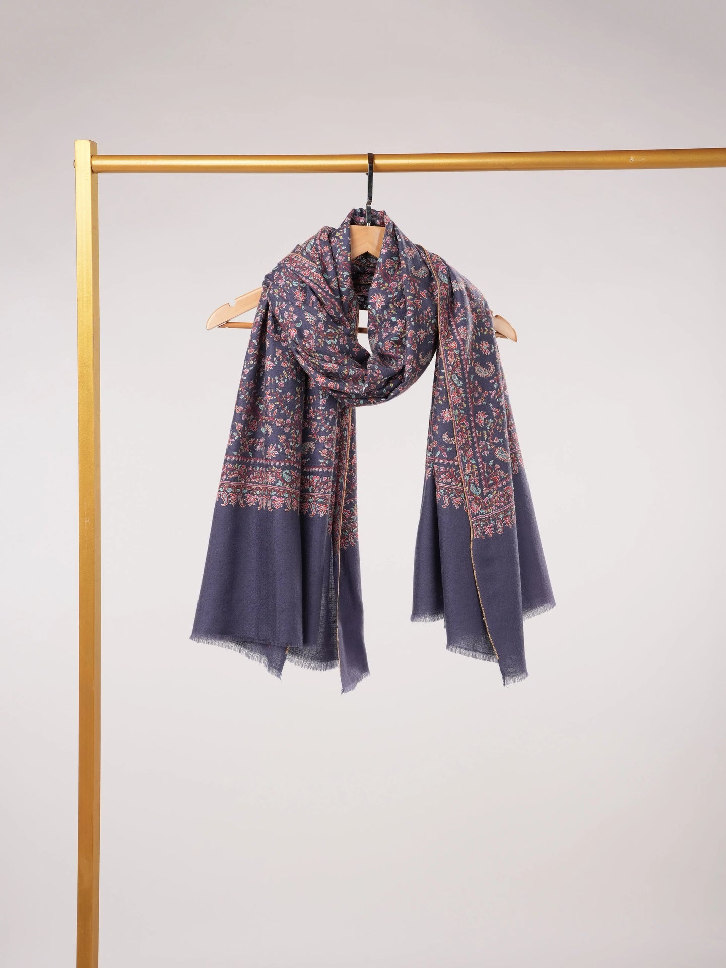 Handwoven Dark Slate Blue Pashmina Shawl with Jali Sozni Hand Embroidery Shahkaar.com