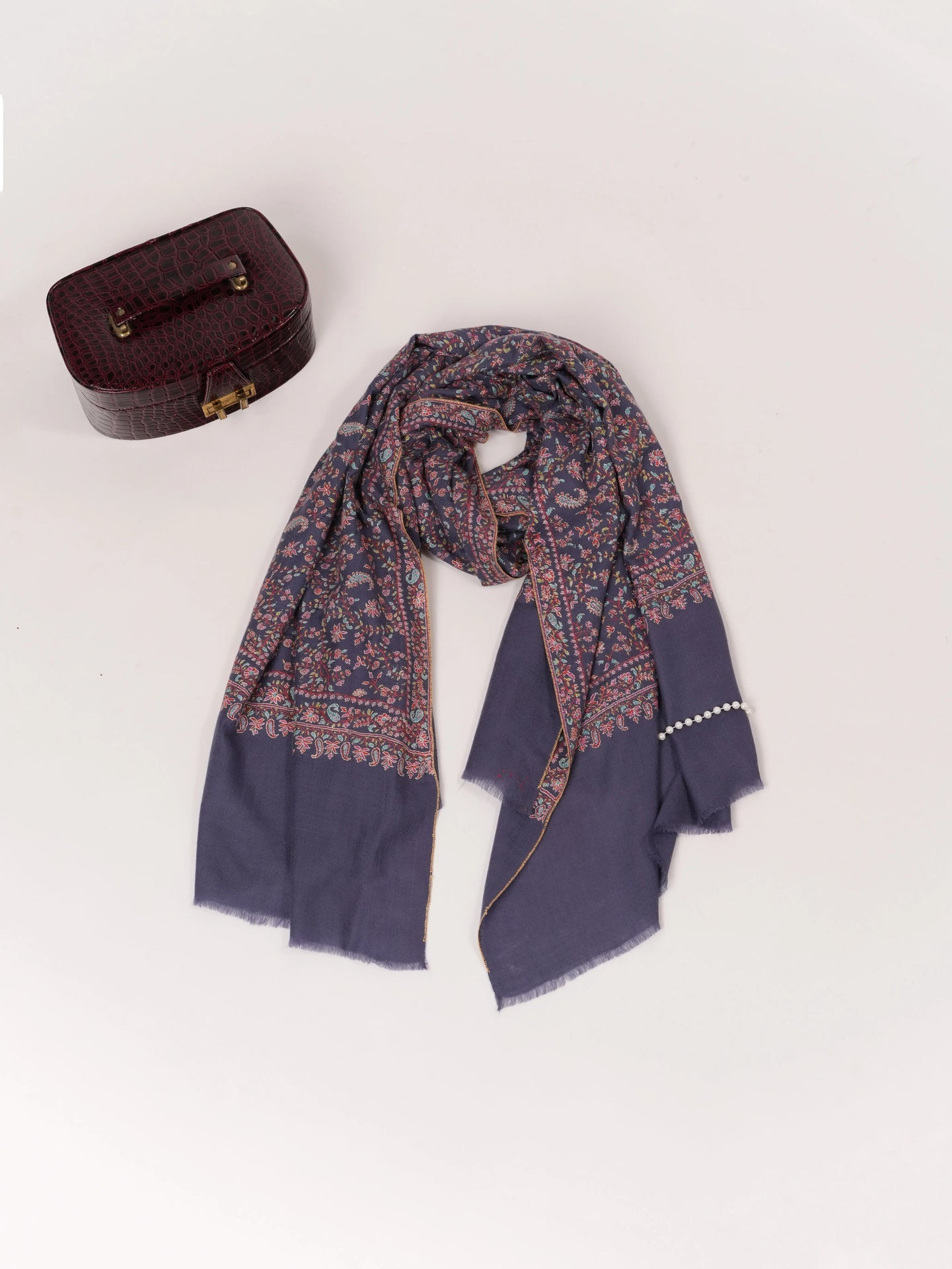Handwoven Dark Slate Blue Pashmina Shawl with Jali Sozni Hand Embroidery Shahkaar.com