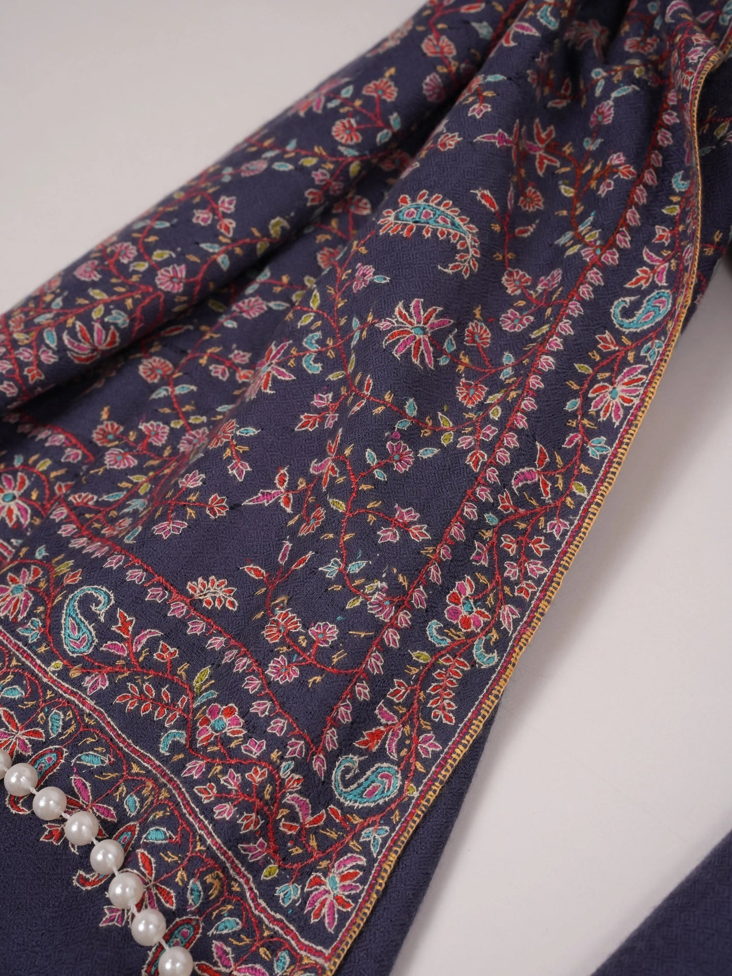 Handwoven Dark Slate Blue Pashmina Shawl with Jali Sozni Hand Embroidery Shahkaar.com
