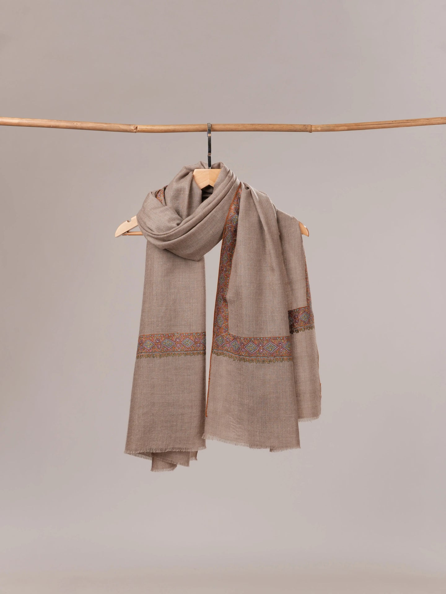 Natural Grey Pure Pashmina Shawl with Neemdaur Hand Embroidery Shahkaar.com