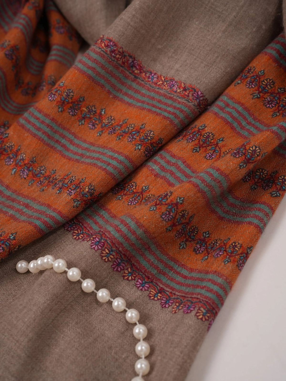Handwoven Natural Taupe Palldar Pashmina Shawl with Sozni Hand Embroidery Shahkaar.com