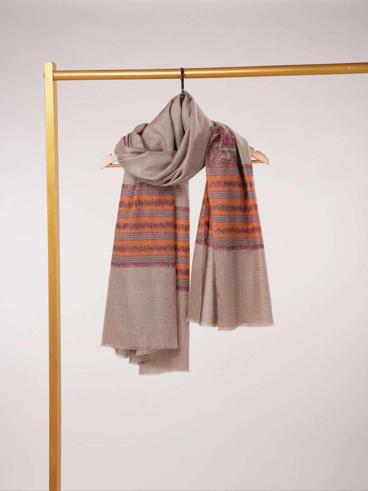 Handwoven Natural Taupe Palldar Pashmina Shawl with Sozni Hand Embroidery Shahkaar.com