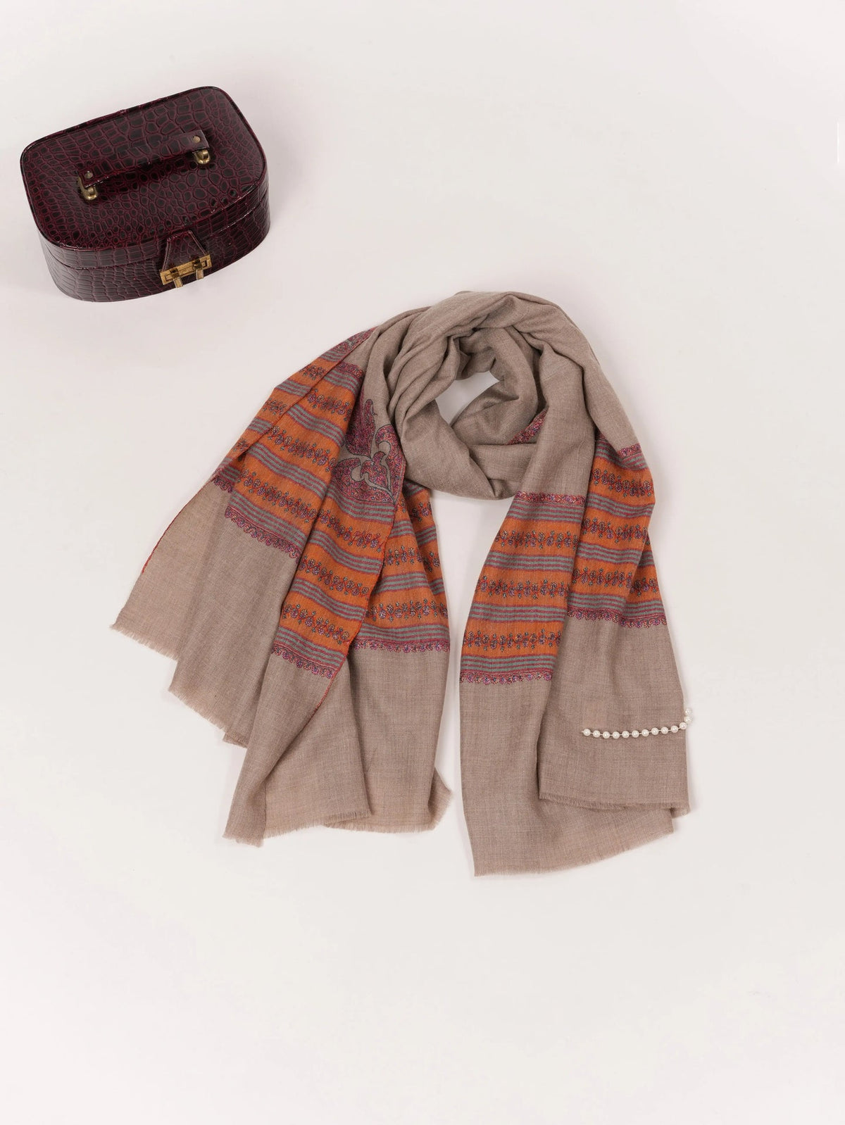 Handwoven Natural Taupe Palldar Pashmina Shawl with Sozni Hand Embroidery Shahkaar.com