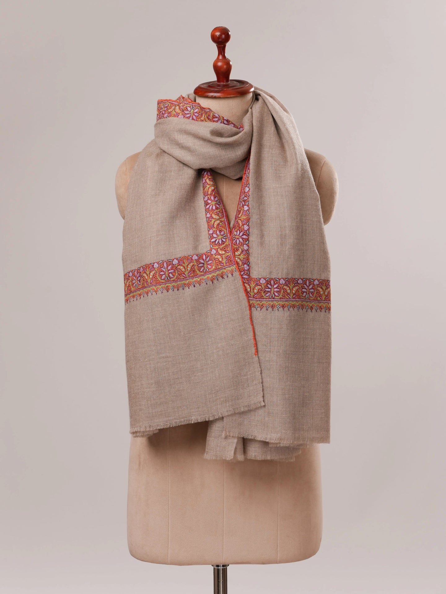 Natural Grey Pure Pashmina Shawl with Classic Neemdaur Hand Embroidery Shahkaar.com