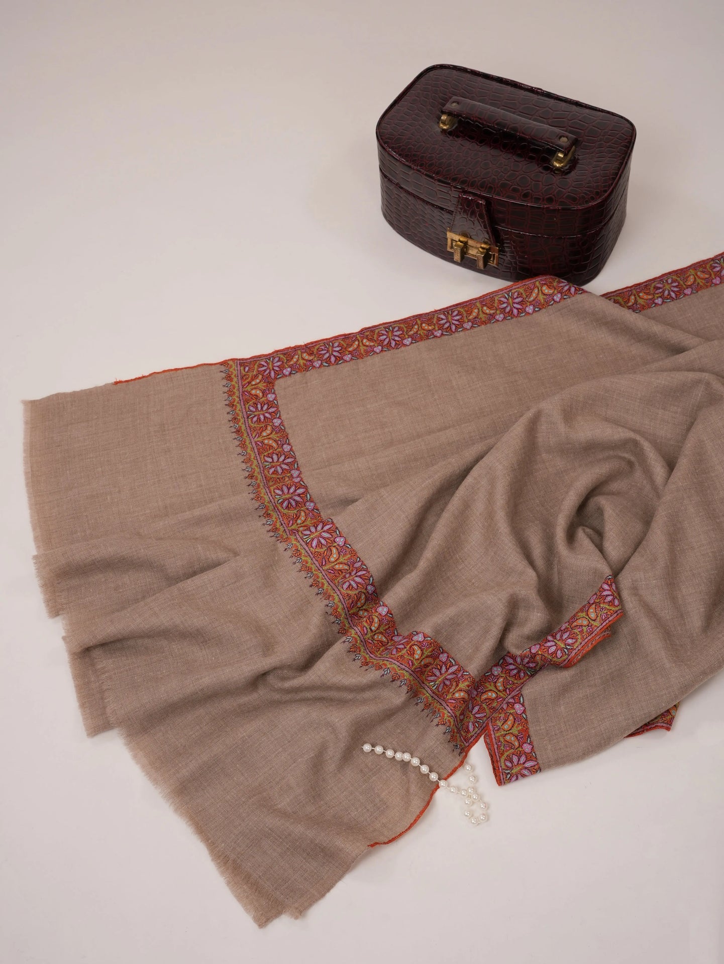 Natural Grey Pure Pashmina Shawl with Classic Neemdaur Hand Embroidery Shahkaar.com