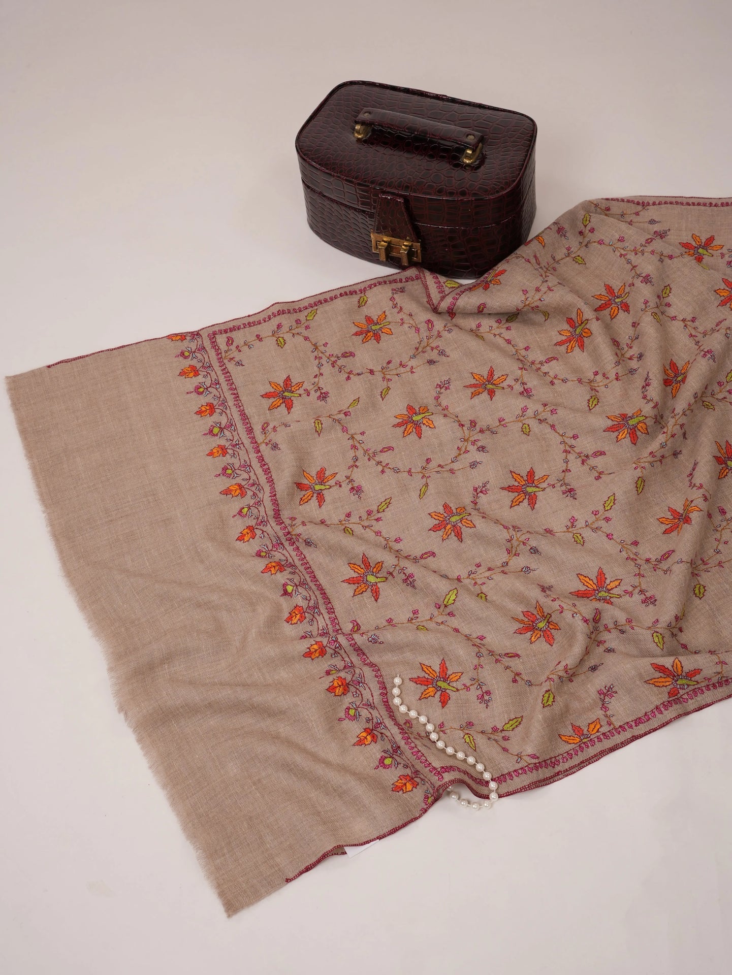Natural Grey Cashmere Scarf with Floral Jali Hand Embroidery Shahkaar.com