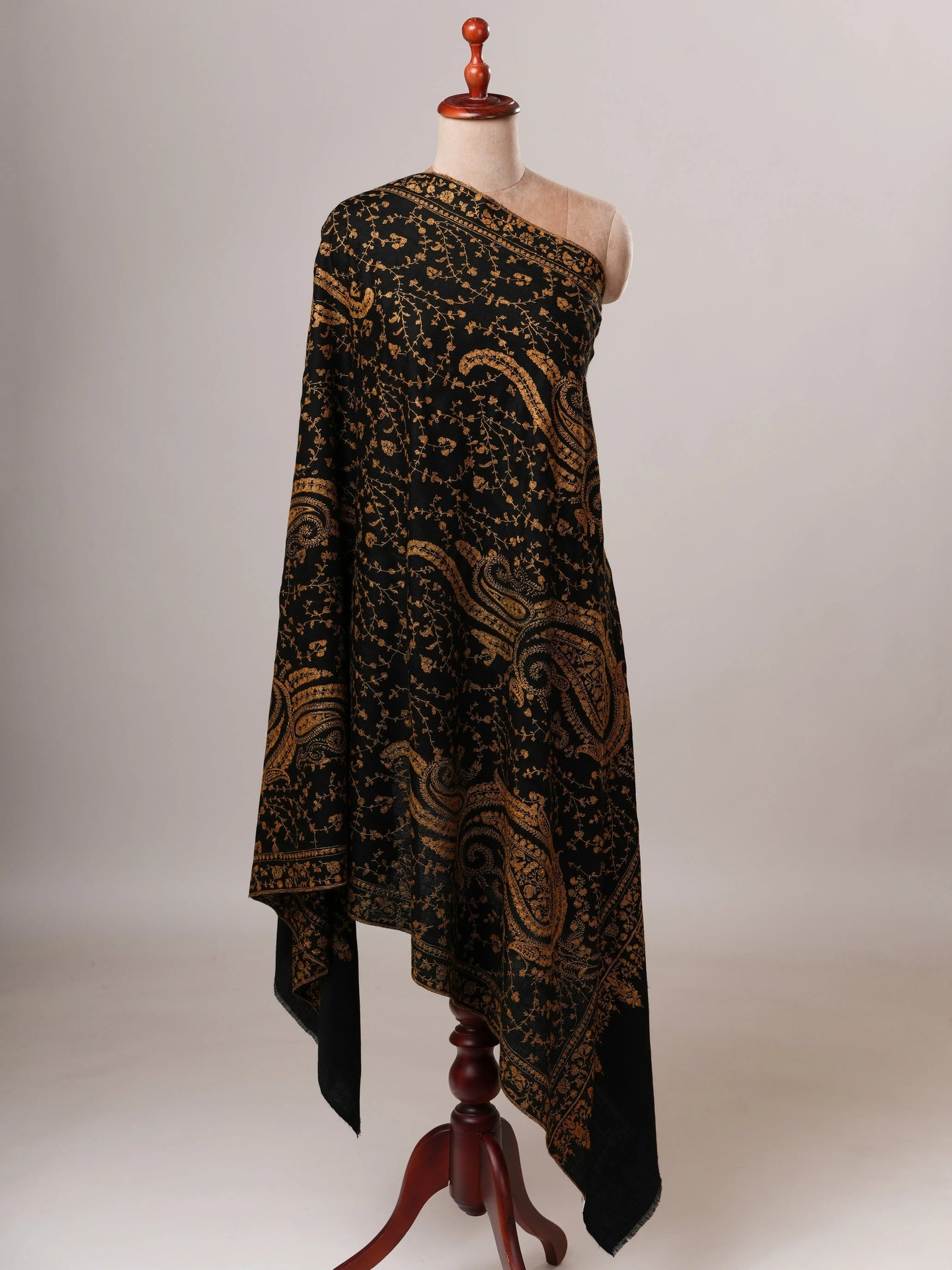Black Pure Pashmina Shawl with Gold Fine Hand Embroidery Shahkaar Global