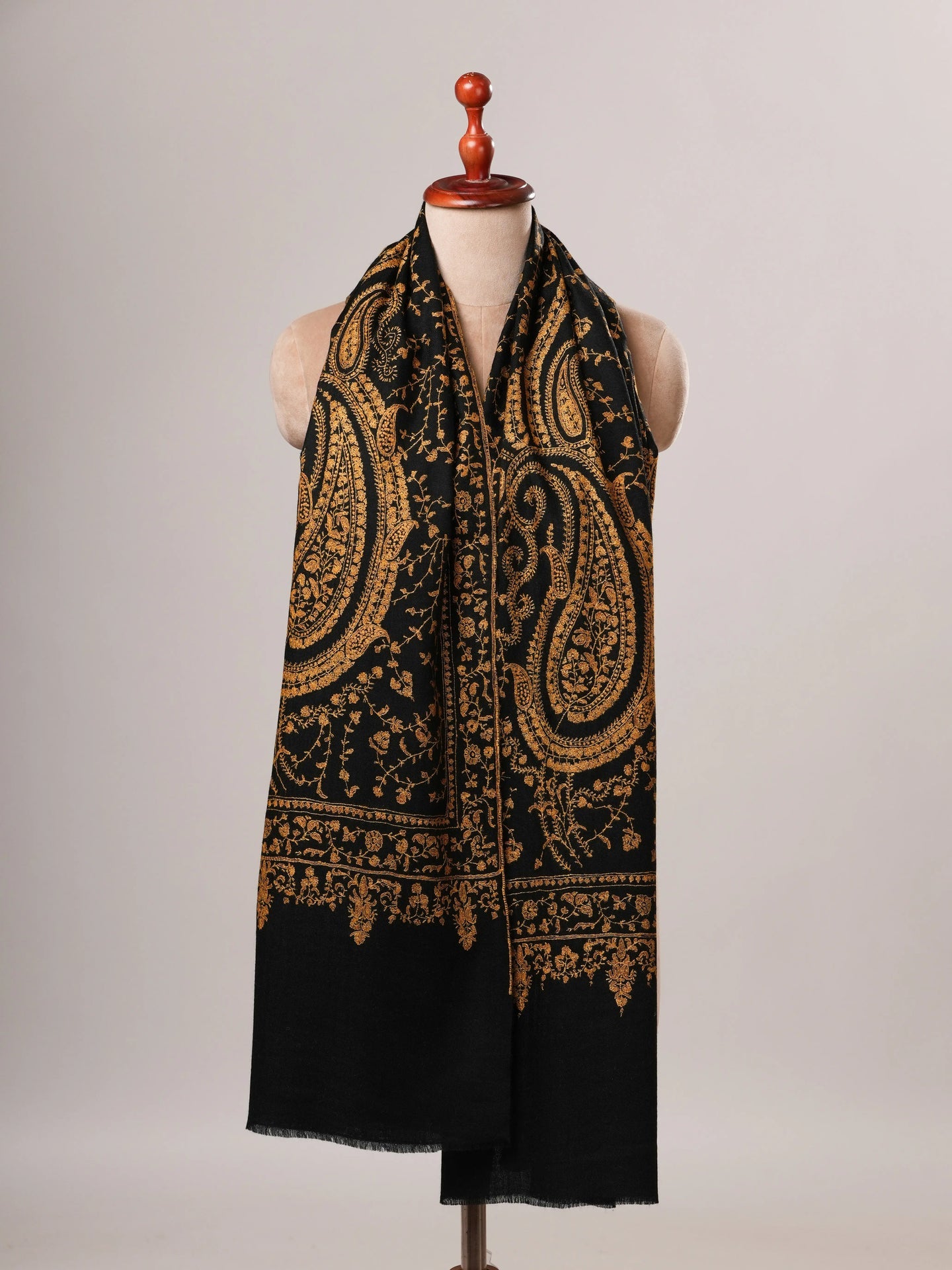 Black Pure Pashmina Shawl with Gold Fine Hand Embroidery Shahkaar Global