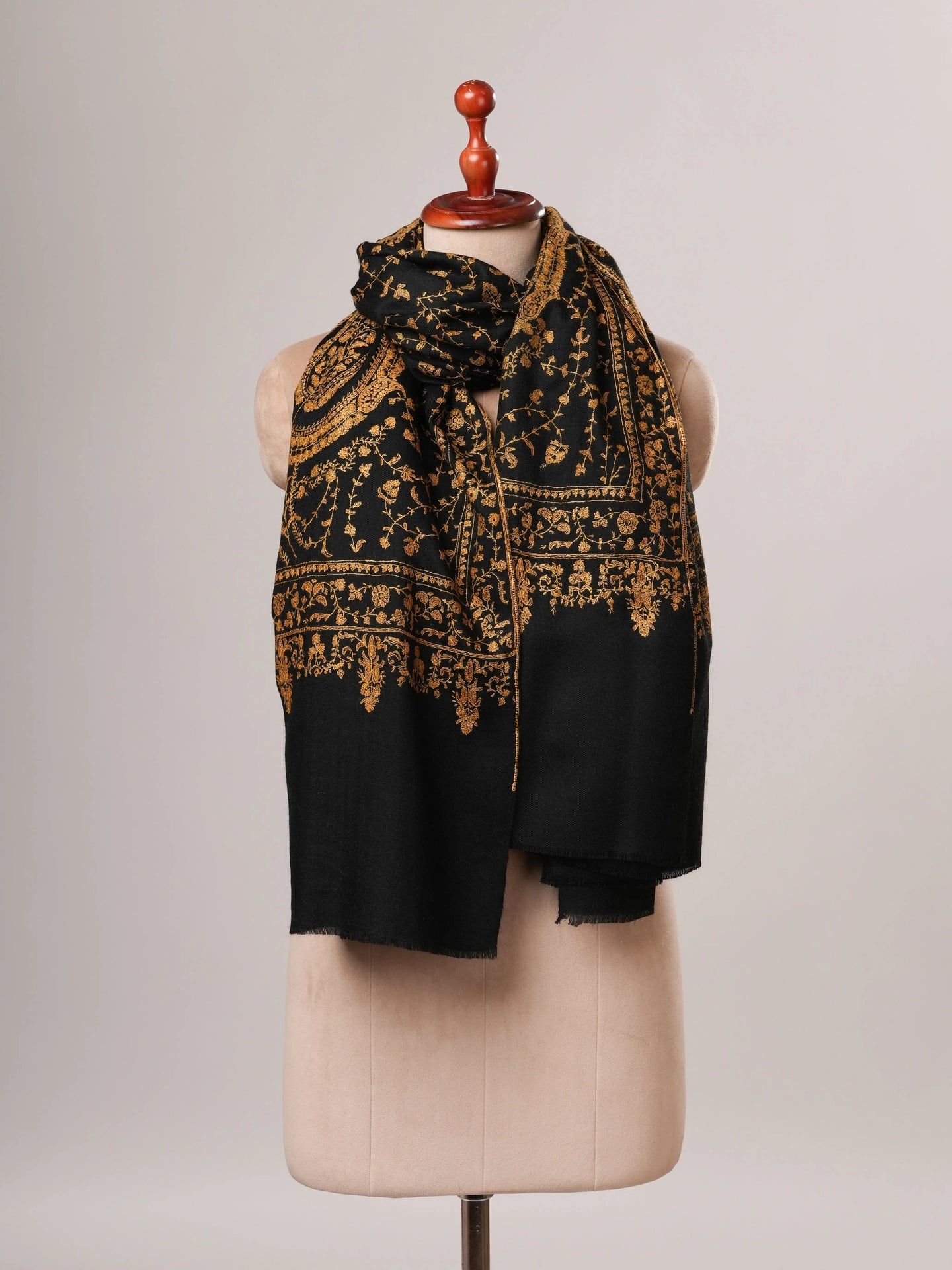Black Pure Pashmina Shawl with Gold Fine Hand Embroidery Shahkaar Global