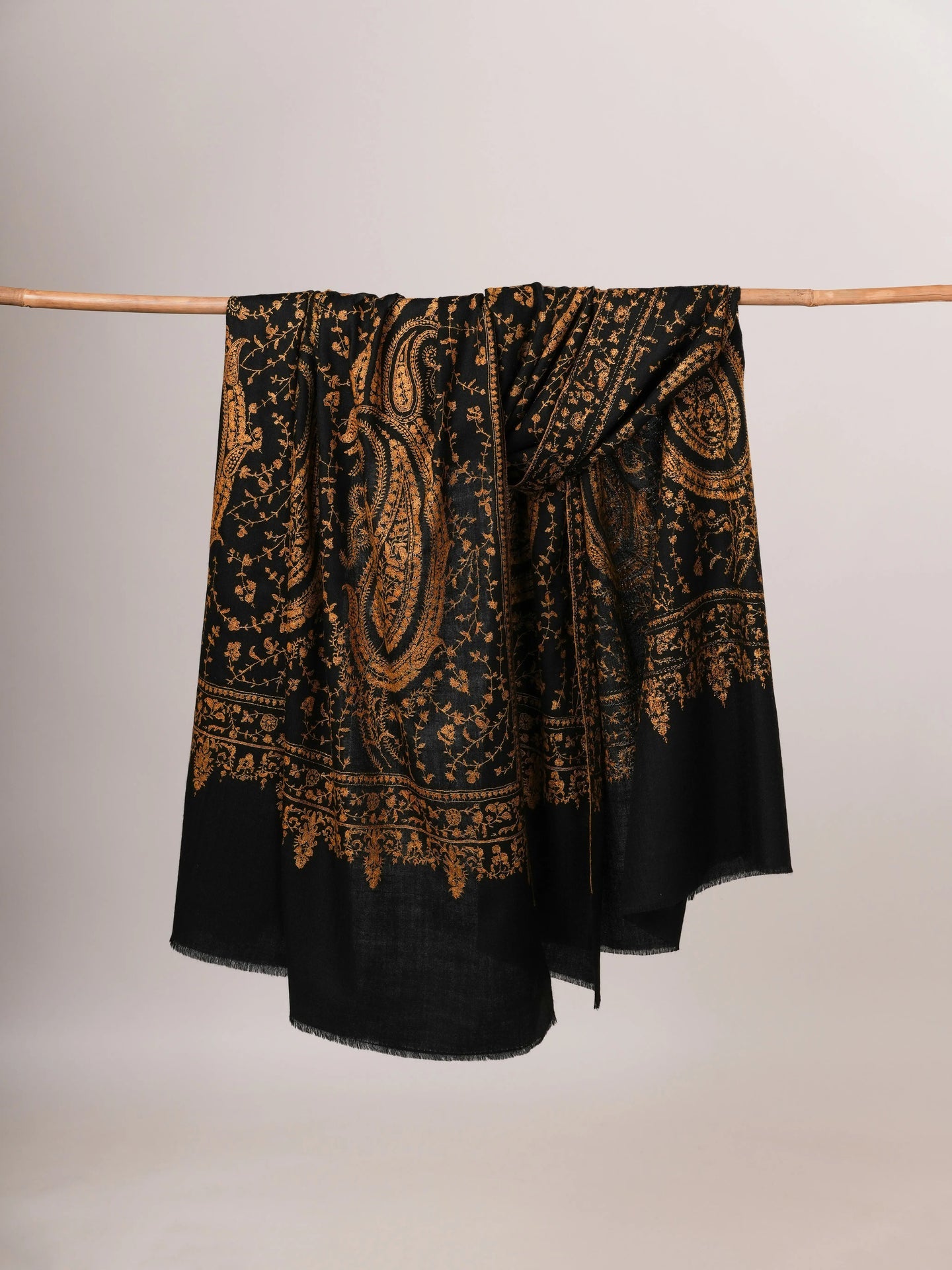 Black Pure Pashmina Shawl with Gold Fine Hand Embroidery Shahkaar Global
