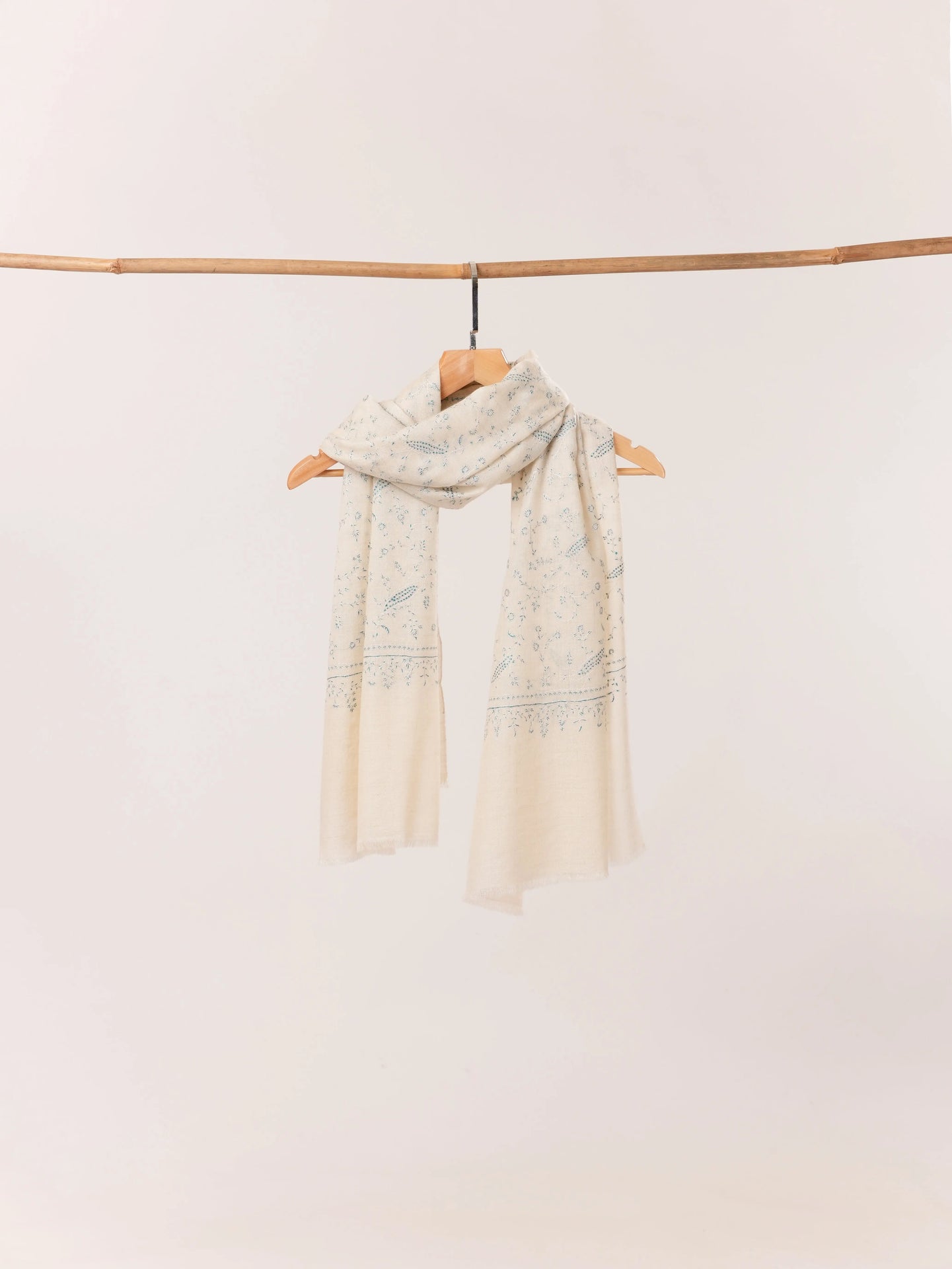 Natural White Kashmiri Handwoven Cashmere Scarf with Jali Sozni Embroidery Shahkaar.com