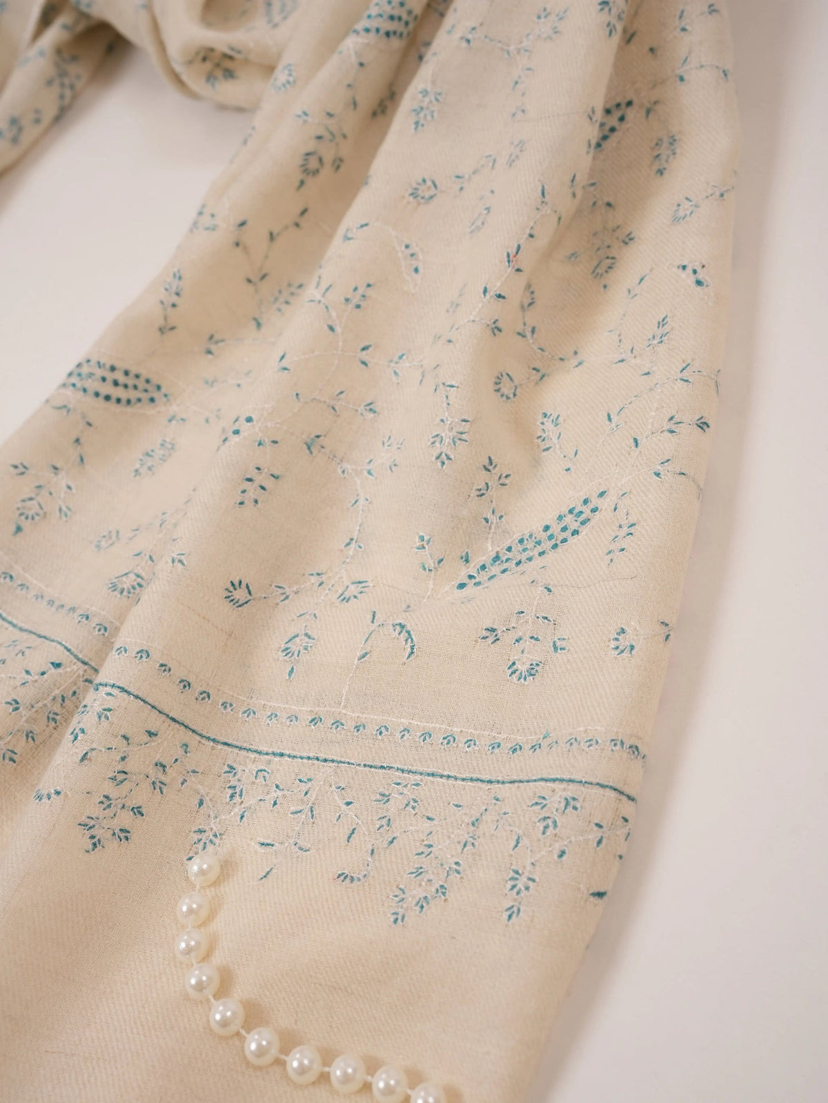 Natural White Kashmiri Handwoven Cashmere Scarf with Jali Sozni Embroidery Shahkaar.com
