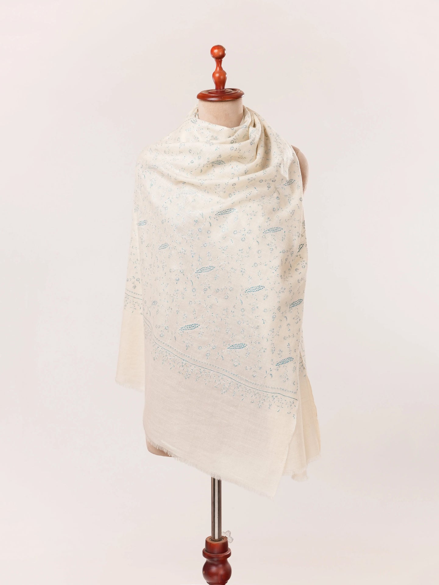 Natural White Kashmiri Handwoven Cashmere Scarf with Jali Sozni Embroidery Shahkaar.com