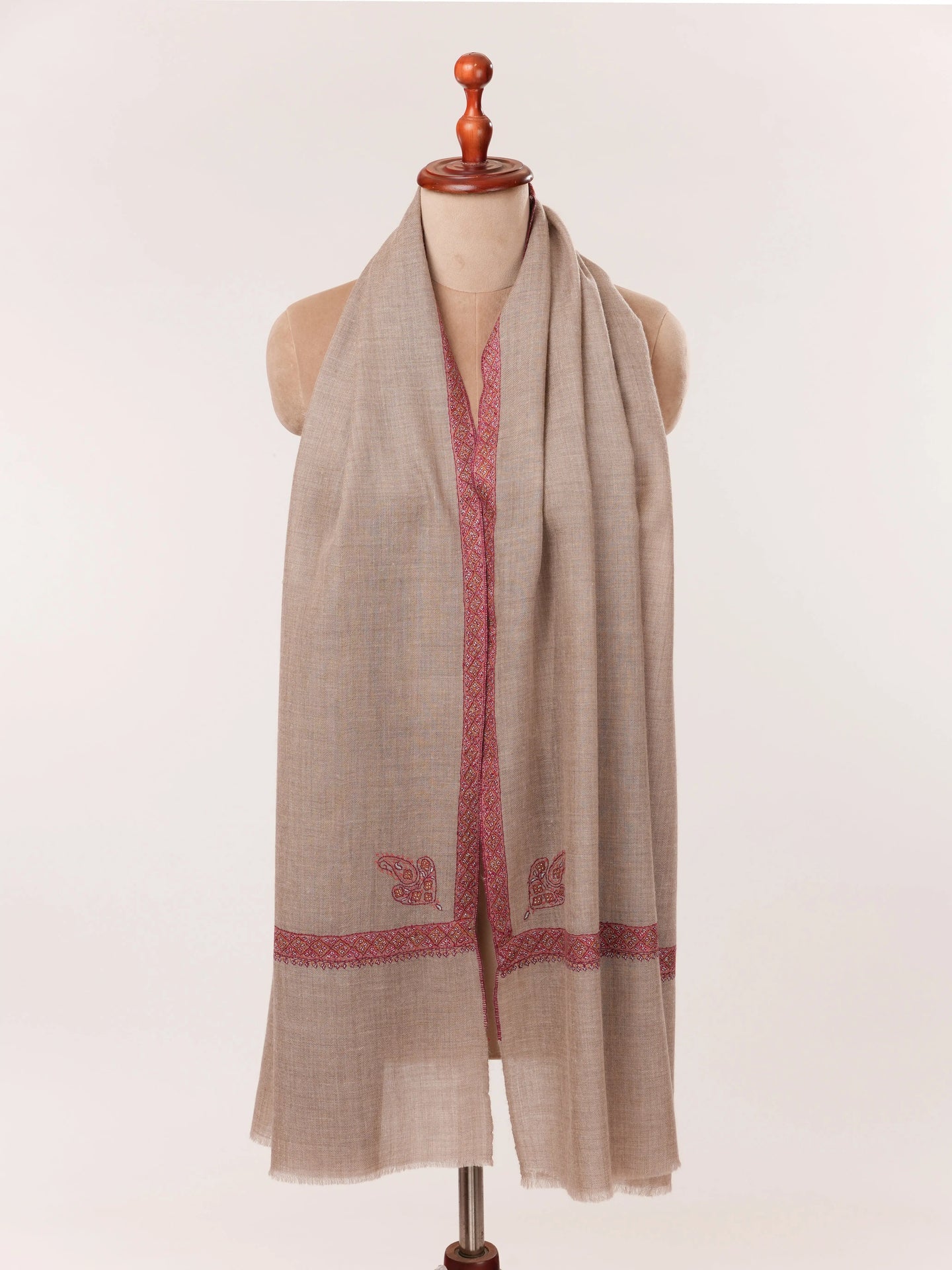 Natural Taupe Featherlight Cashmere Scarf with Hashia Hand Embroidery Shahkaar.com