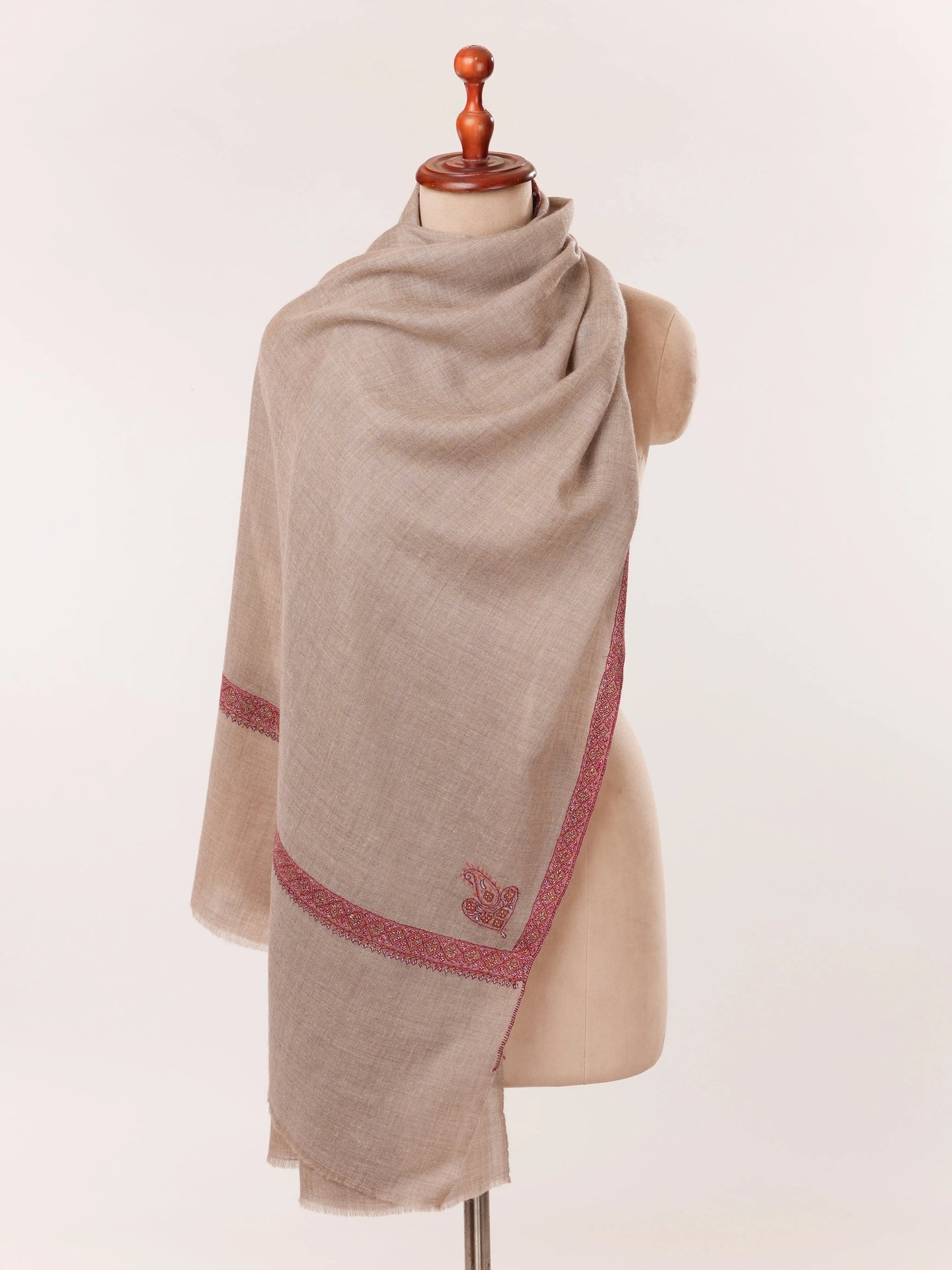 Natural Taupe Featherlight Cashmere Scarf with Hashia Hand Embroidery Shahkaar.com
