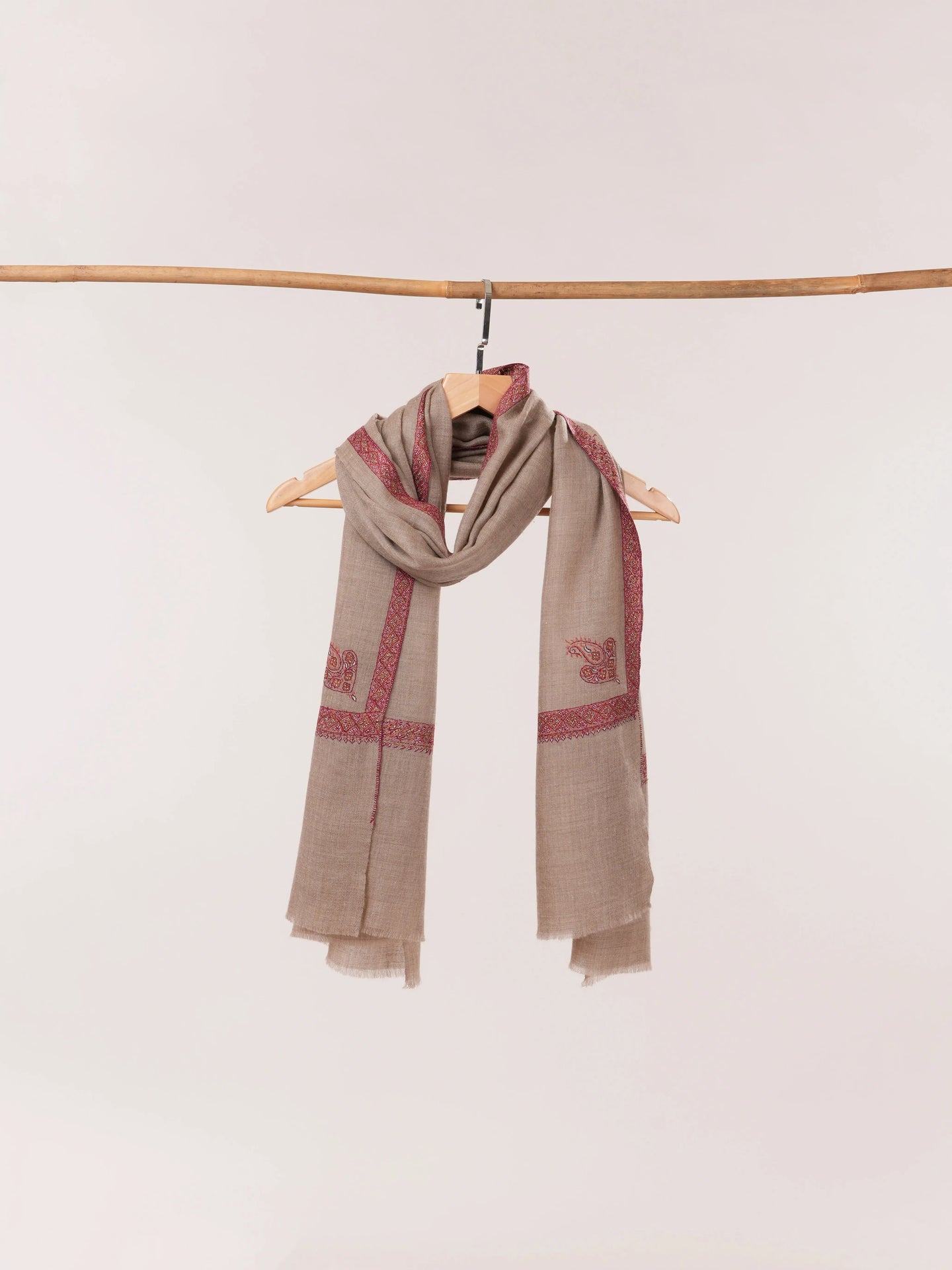 Natural Taupe Featherlight Cashmere Scarf with Hashia Hand Embroidery Shahkaar.com