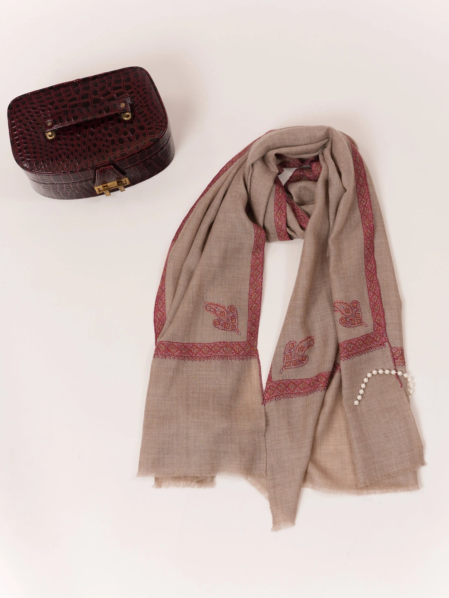 Natural Taupe Featherlight Cashmere Scarf with Hashia Hand Embroidery Shahkaar.com