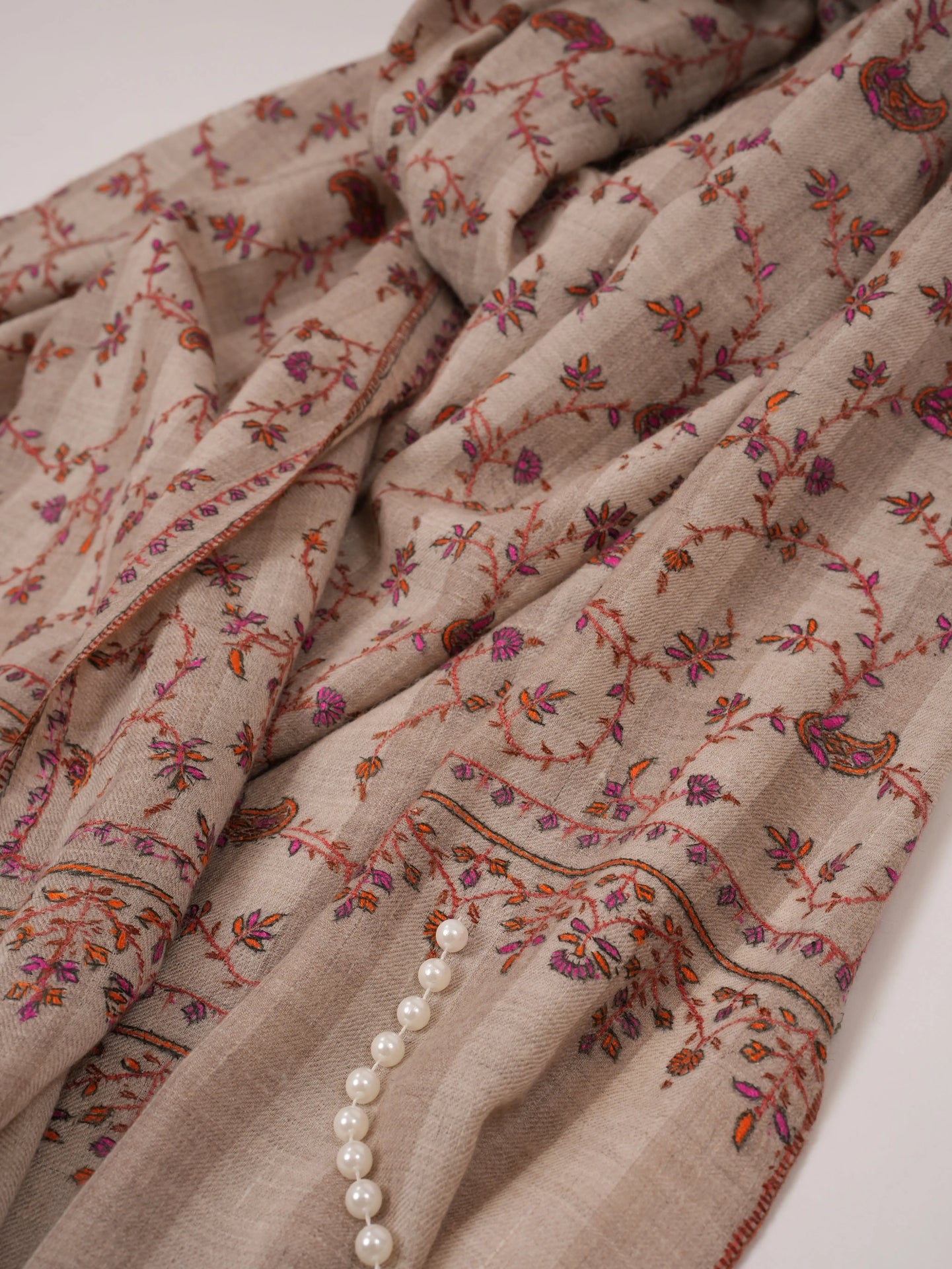 Natural White and Taupe Striped Hand Embroidered Pashmina Shawl Shahkaar.com