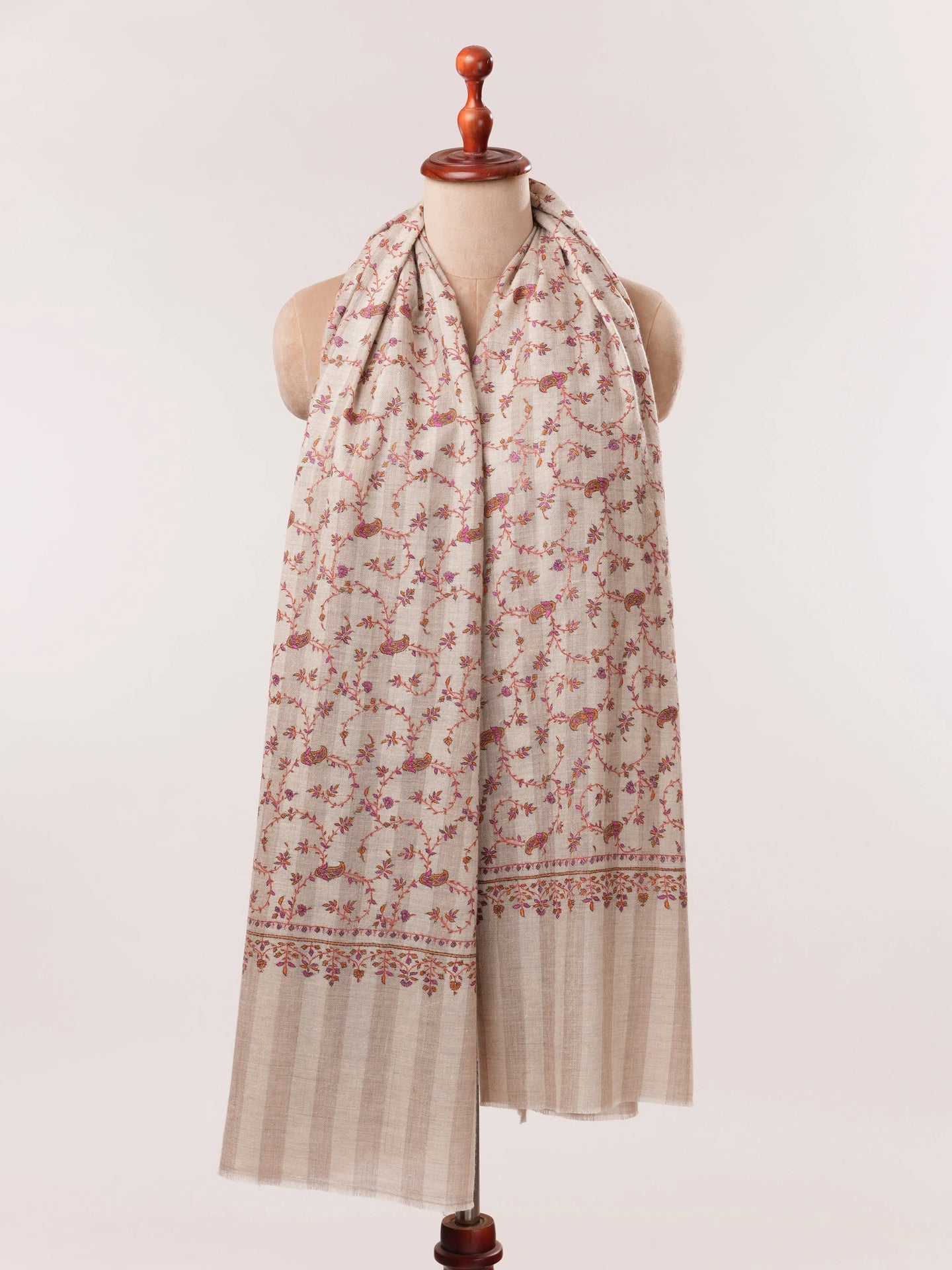 Natural White and Taupe Striped Hand Embroidered Pashmina Shawl Shahkaar.com