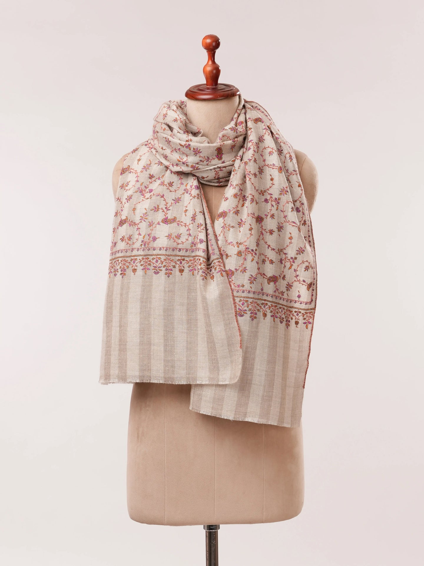 Natural White and Taupe Striped Hand Embroidered Pashmina Shawl Shahkaar.com