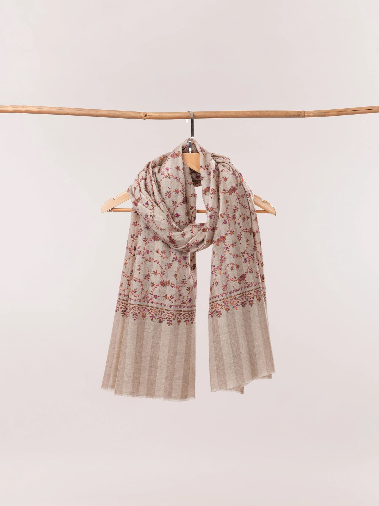 Natural White and Taupe Striped Hand Embroidered Pashmina Shawl Shahkaar.com
